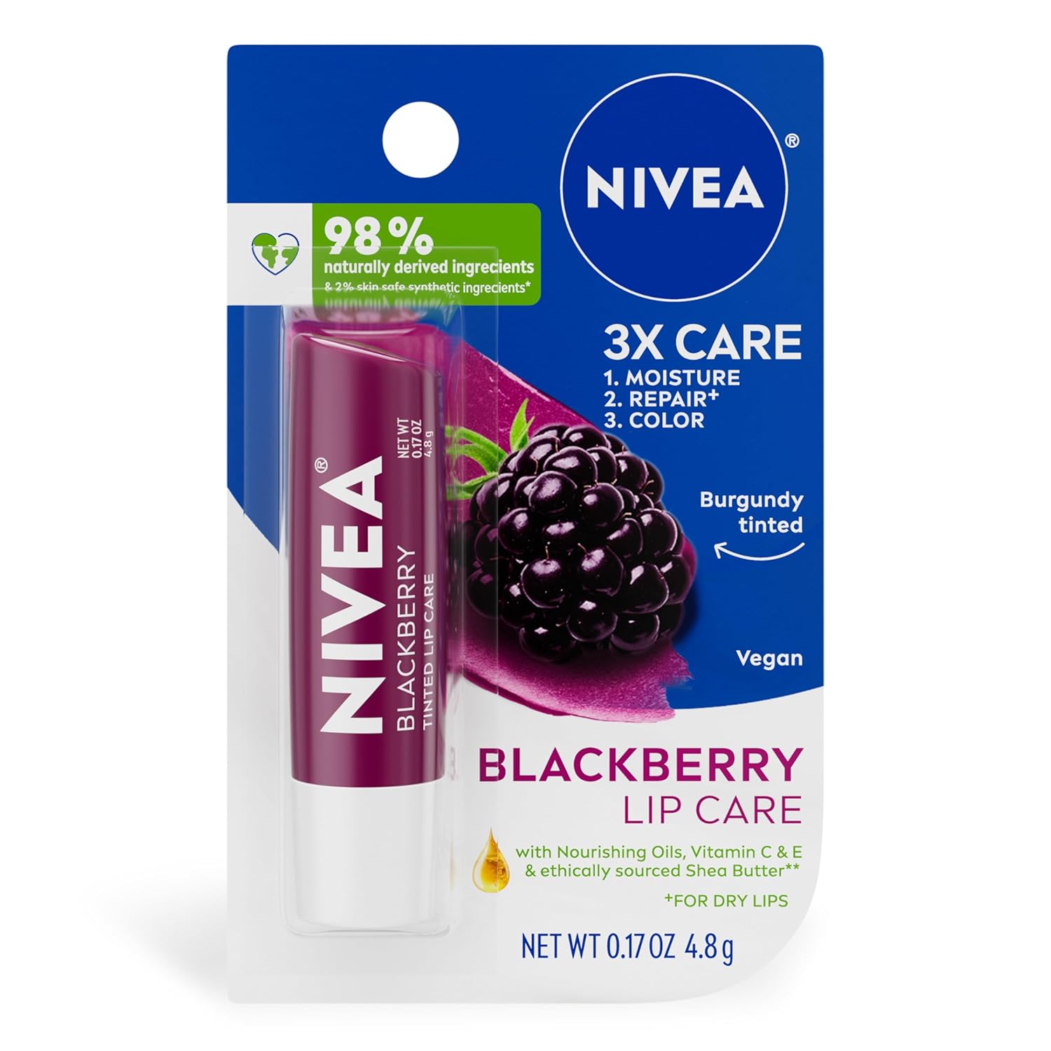 NIVEA Blackberry Lip Care, Tinted Lip Balm with Shea Butter, Nourishing Oils and Vitamin C &amp; E, 3-in-1 Moisture, Repair (for Dry Lips) and Color, 0.17 Oz Stick