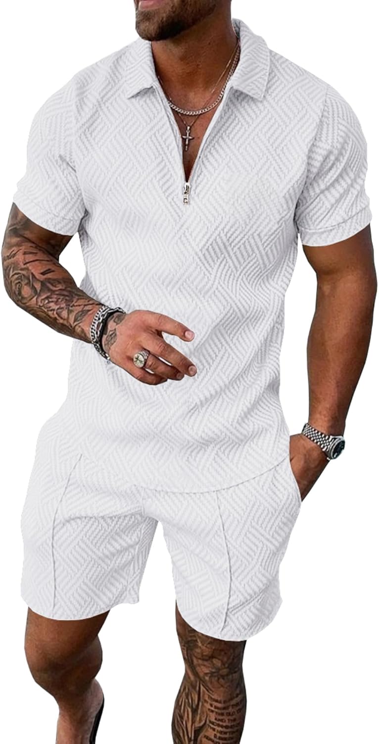UOUA Mens Summer Track Suits 2 Piece Shorts Sets Short Sleeve Sweatsuit Outfits 1\/4 Zip Golf Polo Shirts Loungewear