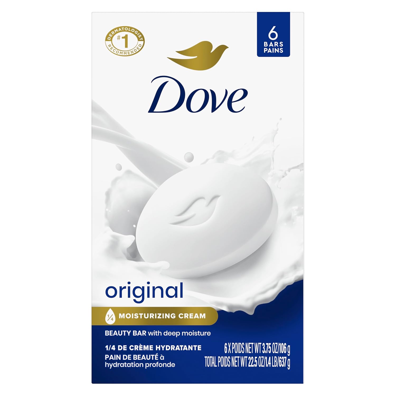 Dove Beauty Bar Soap Original, 6 Bars for Soft, Smooth Skin, with 1\/4 Moisturizing Cream 3.75 oz