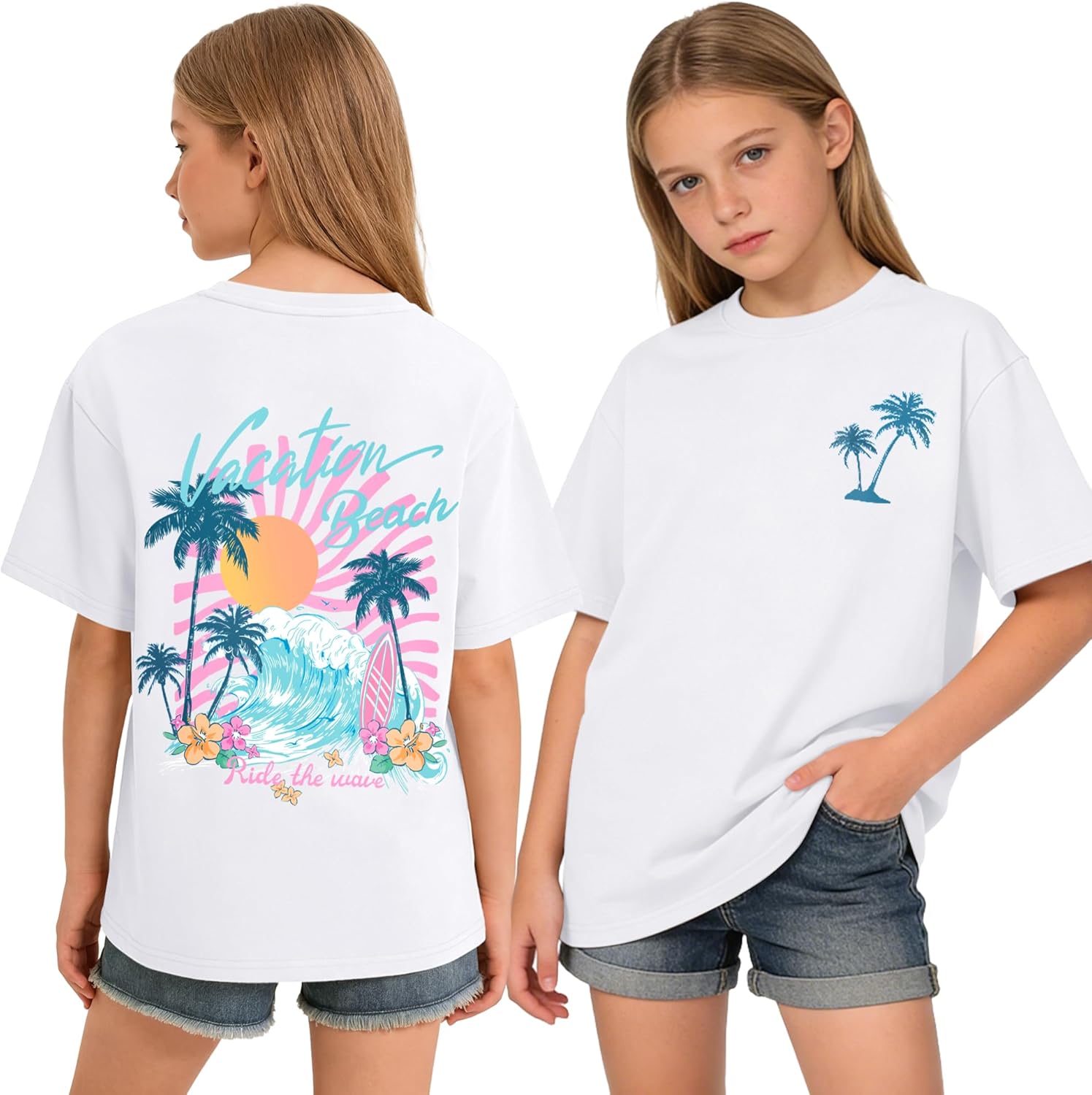NUMYEAN Girls Shirts Short Sleeve Graphic Tees Tops Cute Summer T Shirts for Teen Girls Trendy Clothes Size 5-14 Years