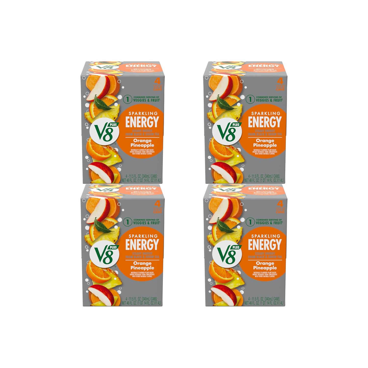 V8 +Energy Sparkling Orange Pineapple Juice Energy Drink, 11.5 fl oz Can (Pack of 16)