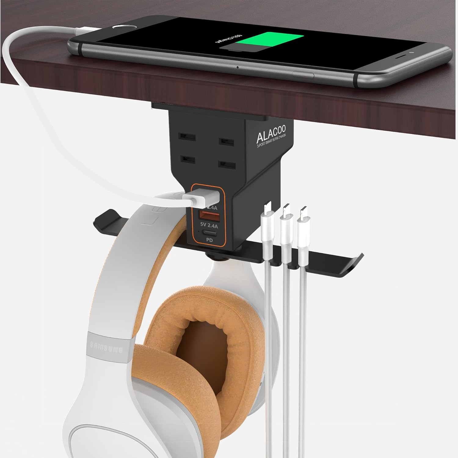 ALACOO Gaming Headphone Stand with Charging Station - Aluminum Hooks Headphone Holder, Under Desk Headset Stand, 3 USB &amp; AC Outlet, Surge Protector &amp; Cable Organizer, Gift for Girl\/Men