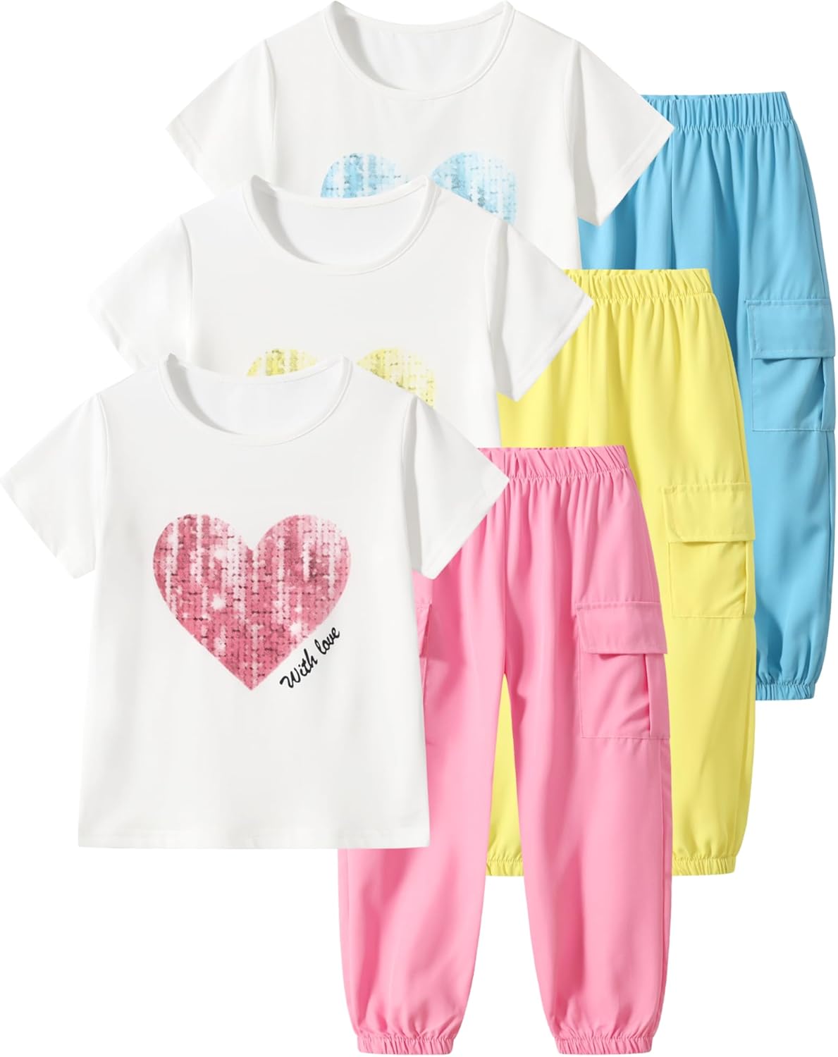 Fdqin Girls 6 Piece Outfits Casual Cargo Jogger Pants and Basic Love Graphic Print Short Sleeve Top Set 4-12 Years