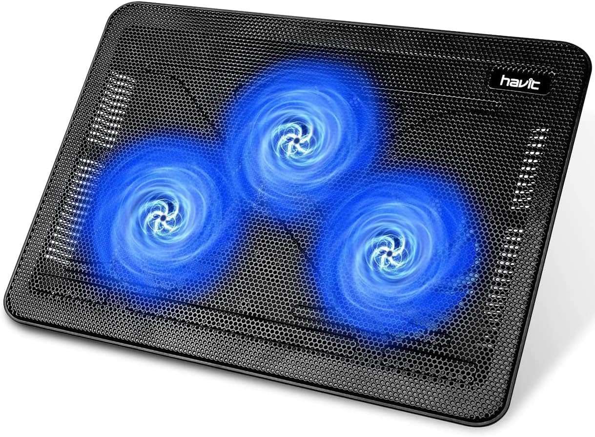havit HV-F2056 15.6"-17" Laptop Cooler Cooling Pad - Slim Portable USB Powered (3 Fans), Black\/Blue