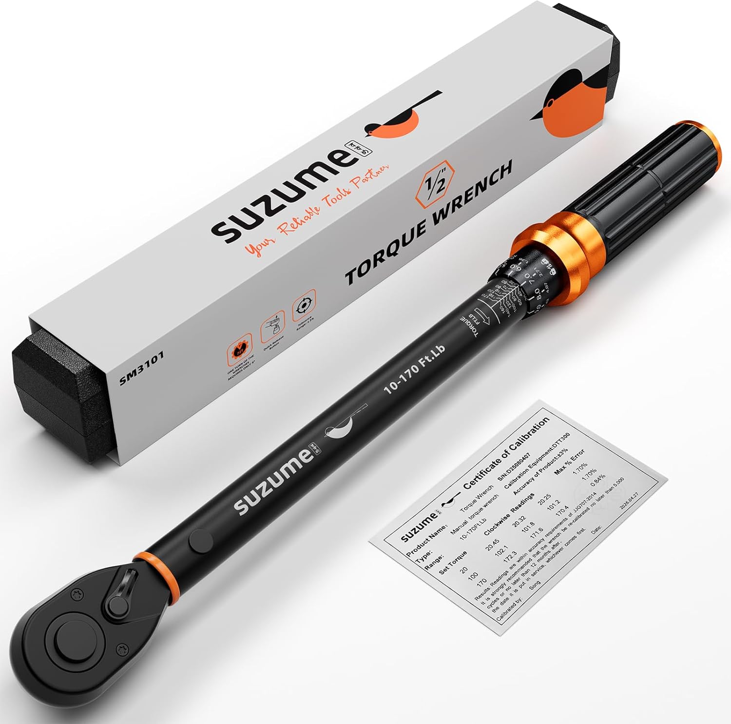 SUZUME Torque Wrench 1\/2 Drive (10-170 Ft. Lb\/ 14-231 N.m) ±3% High Accuracy Torque Wrench 72 Tooth Dual-Direction Adjustable Dual-Scales Torque Wrenches for Bicycle, Moto, Car