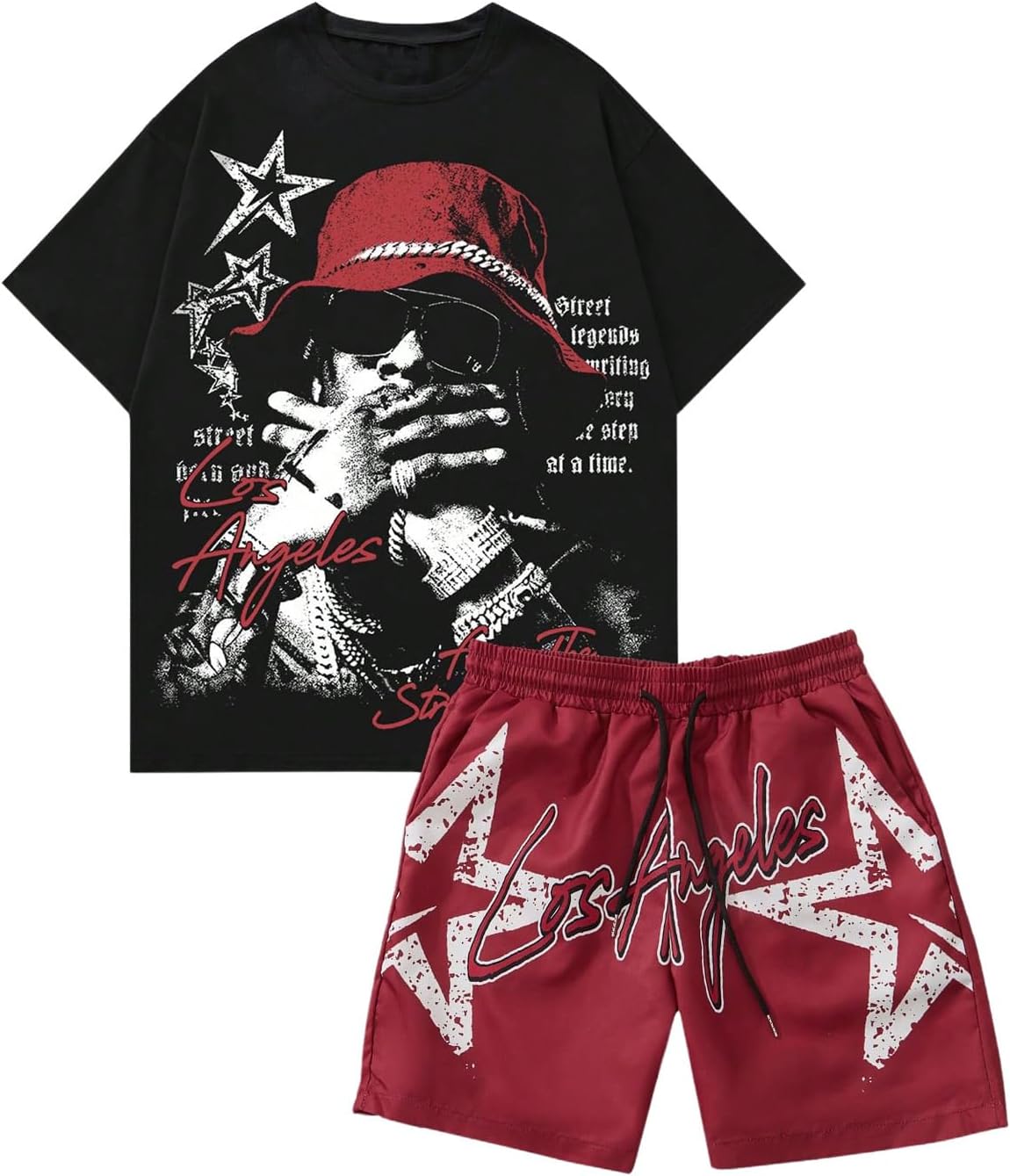 COZYEASE Men's 2 Piece Outfits Y2K Graphic Short Sleeve T Shirt and Drawstring Waist Shorts Set