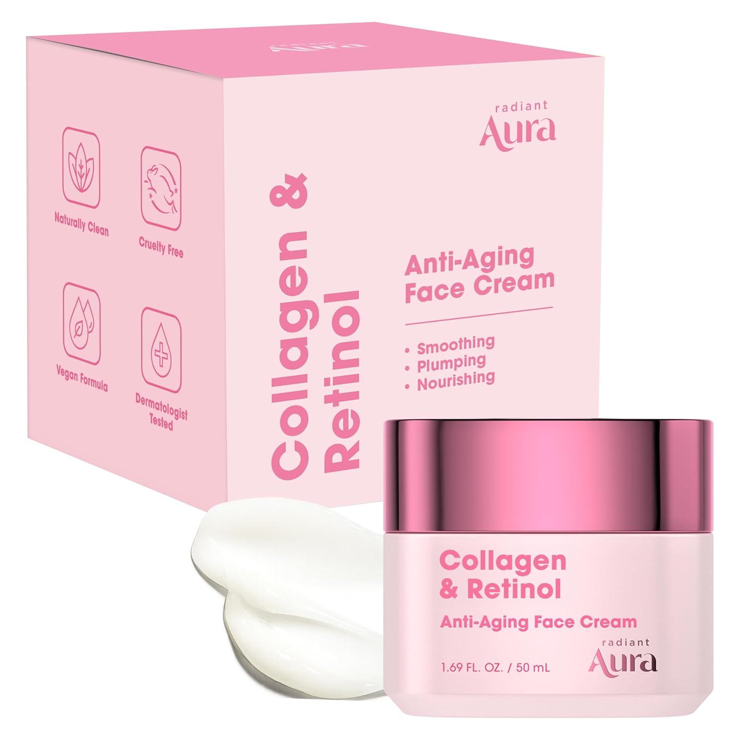 Radiant Aura Collagen &amp; Retinol Face Cream \u2013 Dermatologist Tested, Anti Aging, Korean Skin Care \u2013 Firming, Anti Wrinkle, Hydrating Moisturizer, Pore Care \u2013 Vegan, Clean Beauty \u201