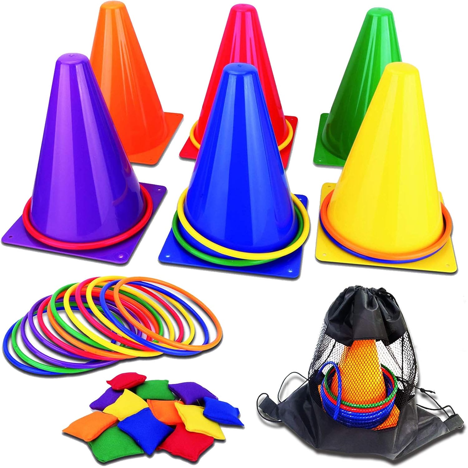 unanscre 31PCS 3 in 1 Carnival Outdoor Games Combo Set for Kids, Soft Plastic Cones Bean Bags Ring Toss Game, Gift for Birthday Party\/Xmas