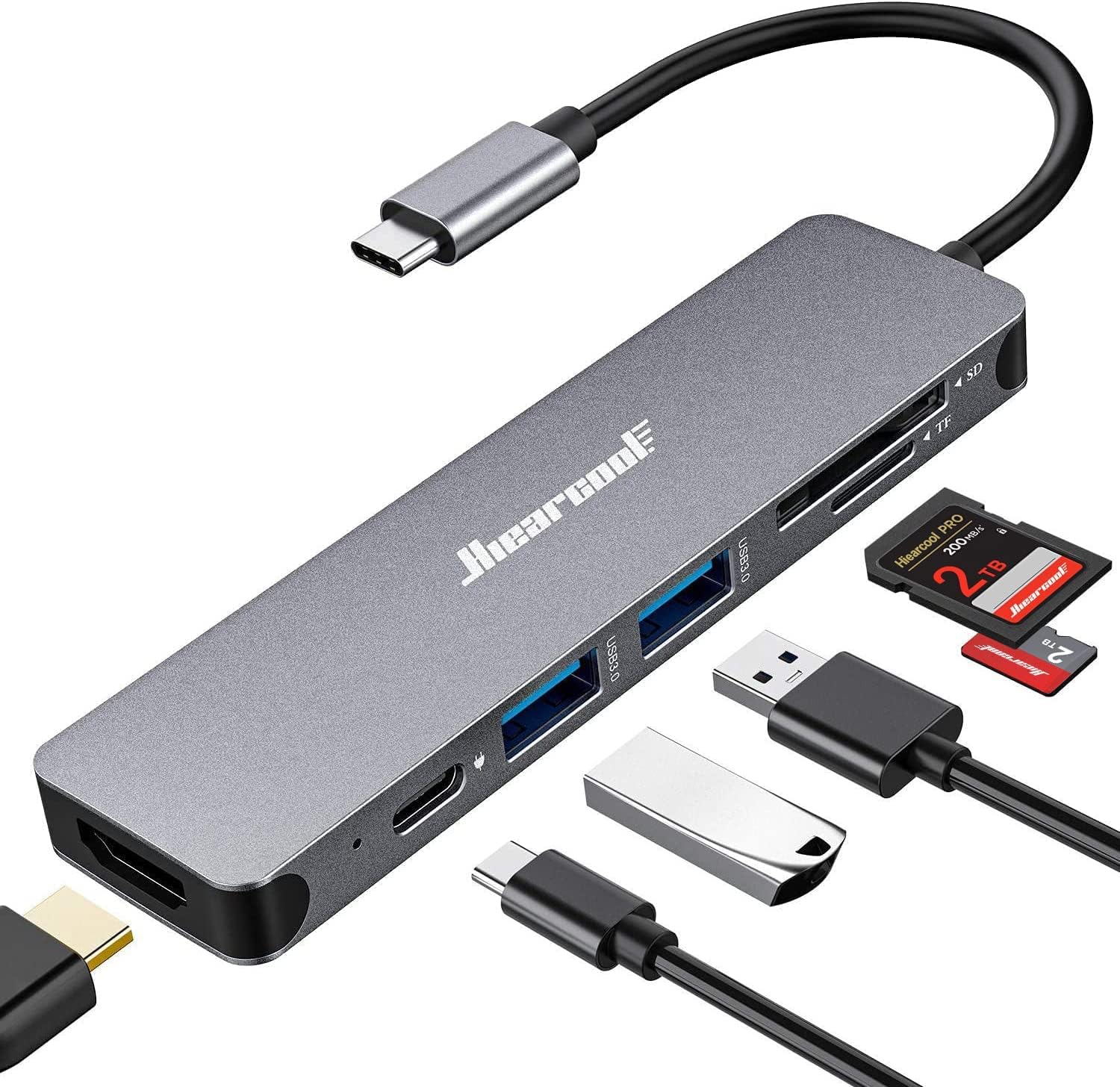 Hiearcool USB C Hub for MacBook \u2013 7-in-1 USBC Adapter with 4K HDMI, 100W PD, USB 3.0 5Gbps Ports, SD\/TF Card Reader \u2013 USB-C Dongle for Office, Meetings, Travel &amp; Home Setup-Space Grey