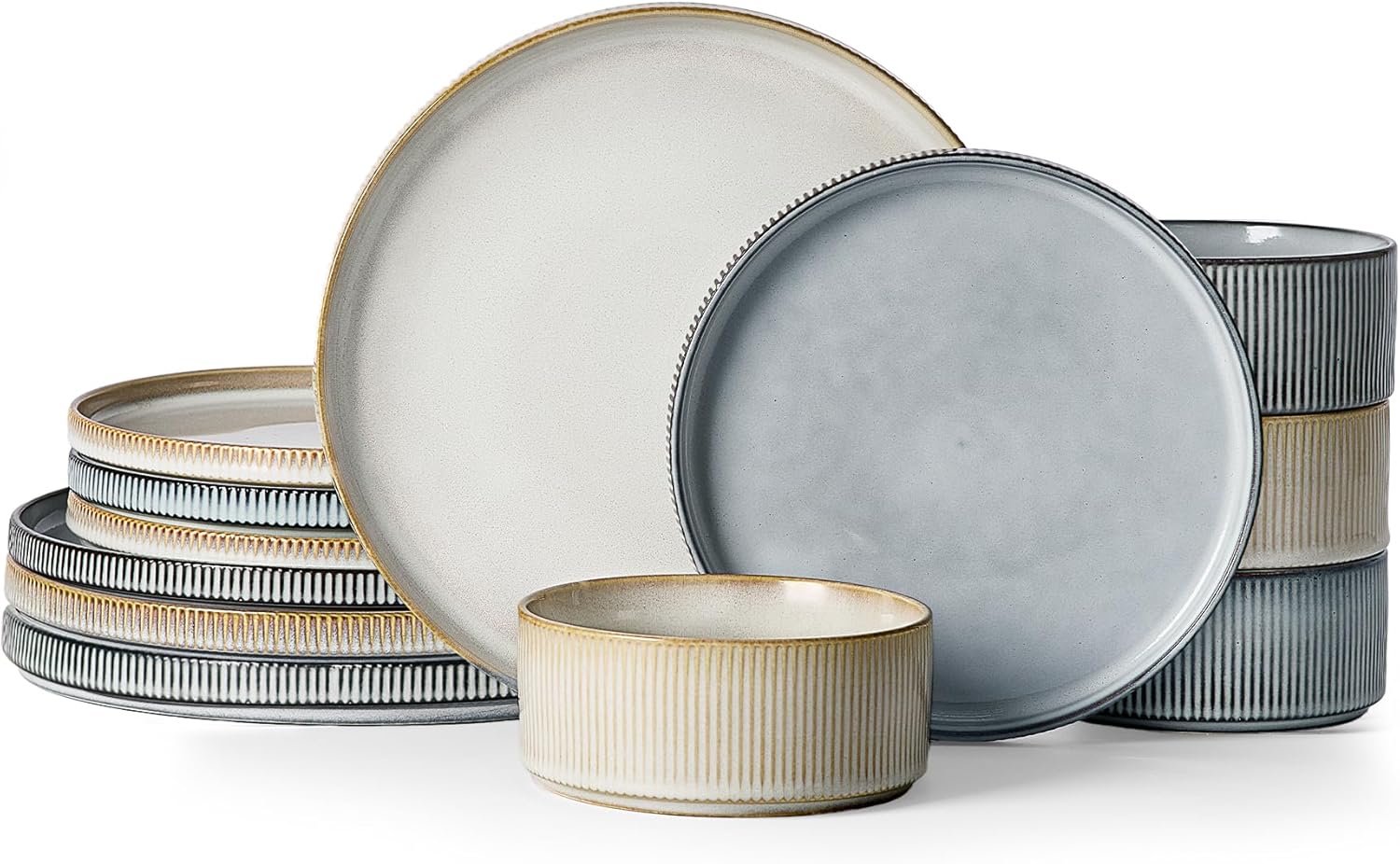 Famiware Star 12-Piece Stoneware Dinnerware Sets for 4, Reactive Glaze Plates and Bowls, Modern Rustic Dishes for Everyday &amp; Formal Use, Chip\/Scratch Resistant, Microwave\/Dishwasher Safe, White 