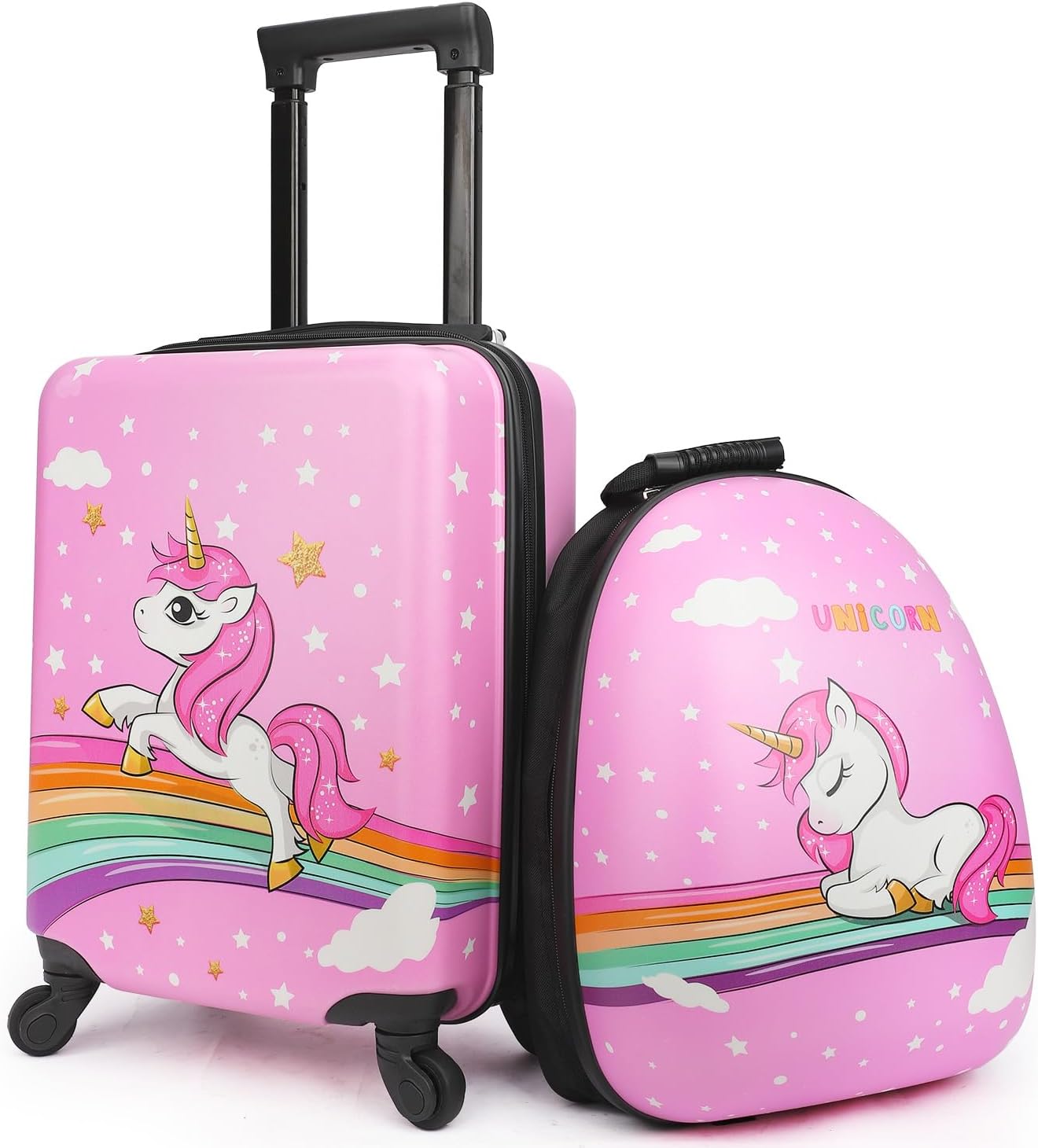 emissary Kids 16-Inch Unicorn Hardside Suitcase &amp; Backpack Set | Hardside spinner suitcase + matching backpack; lightweight unicorn kids' luggage, airline carry-on for girls