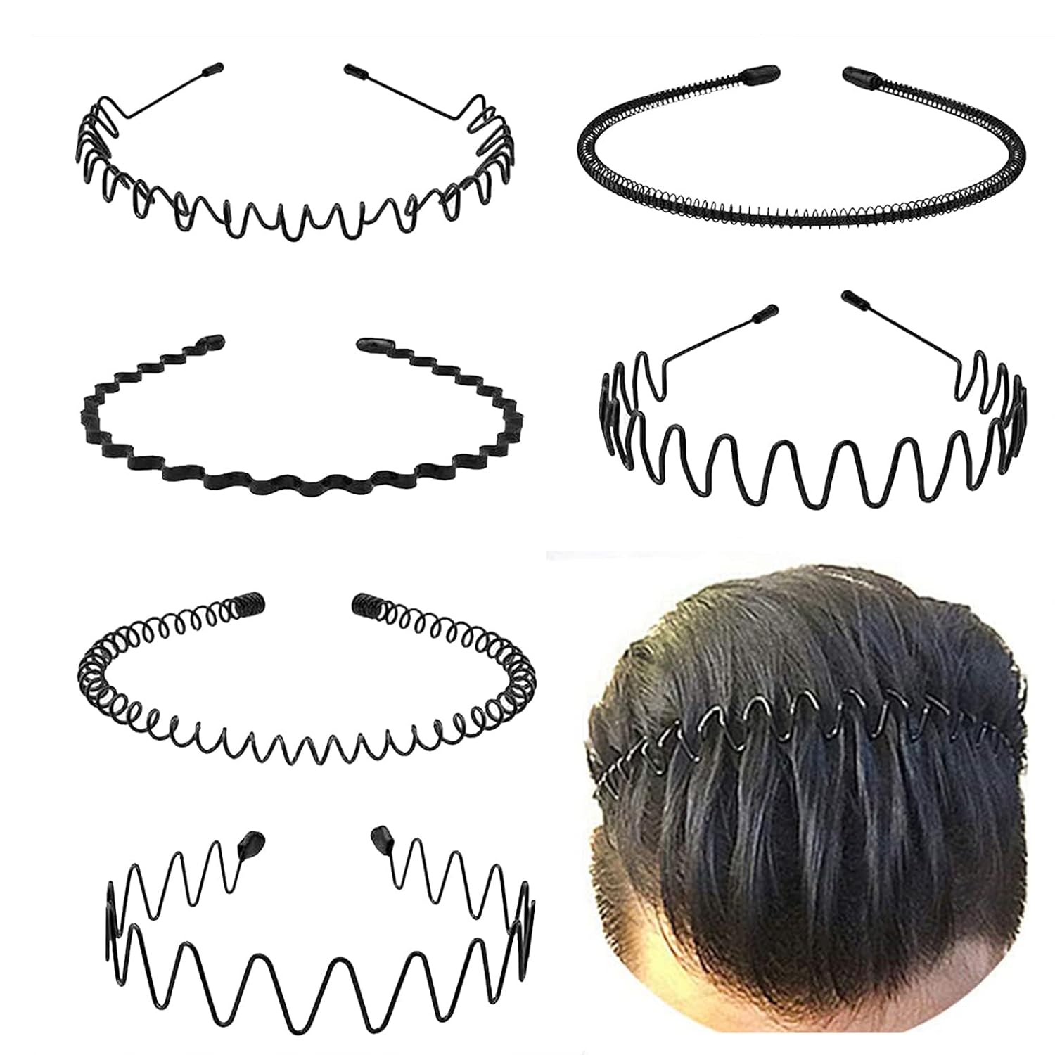 KELUBATU Metal Headbands for Men Fashion Headband for Women, Unisex Wavy Hair Bands Outdoor Sports Head Bands Simple Elastic Non-Slip Hair Accessories (6 Pack)