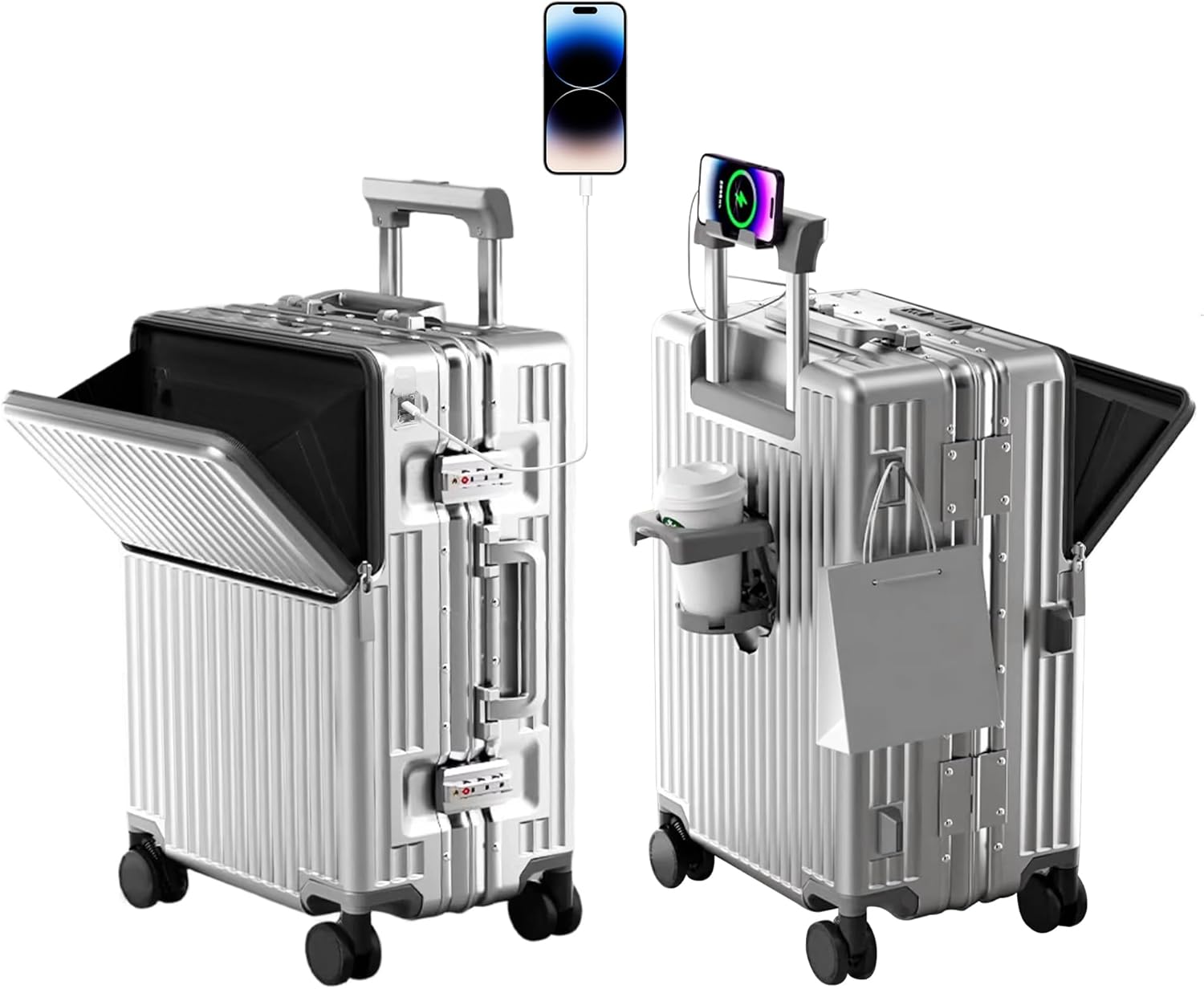 AIWEINY Zipperless Luggage, 22.4" x 15.4" x 9.4" Aviation Certified, Polycarbonate Aluminum Hardshell, Expandable Carry-On Luggage with Spinner Wheels, Hardshell Luggage, 20 Inch Cabin