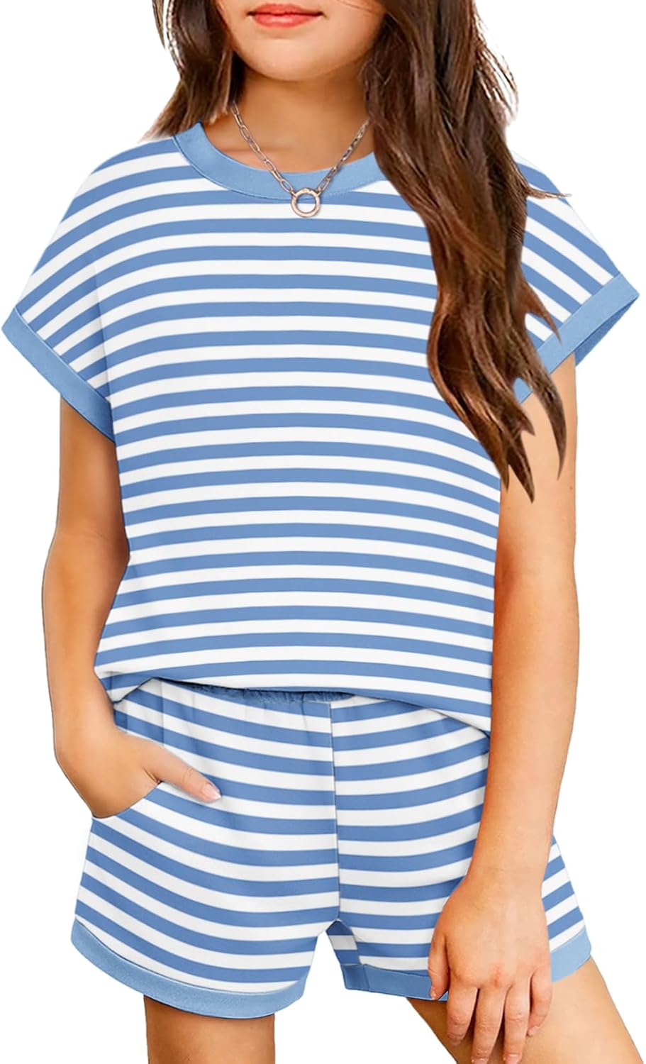 Arshiner Girls Summer 2 Piece Outfits Short Sleeve T Shirts Top and Shorts Clothing Sets with Pockets