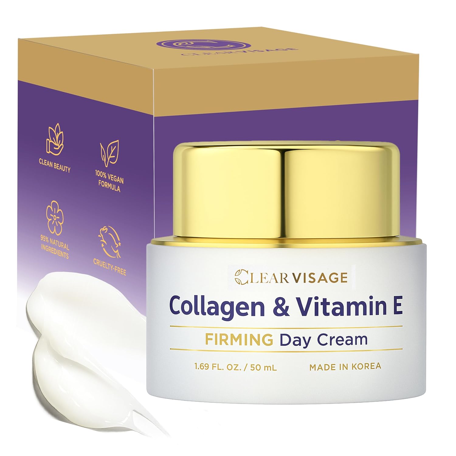 Clear Visage Collagen &amp; Vitamin E Face Moisturizer - Dermatologist Tested, Anti Aging, Korean Skin Care - Hydrates, Strengthens Moisture Barrier, Smooth Makeup - Vegan, Clean Beauty - 1.69 Fl Oz