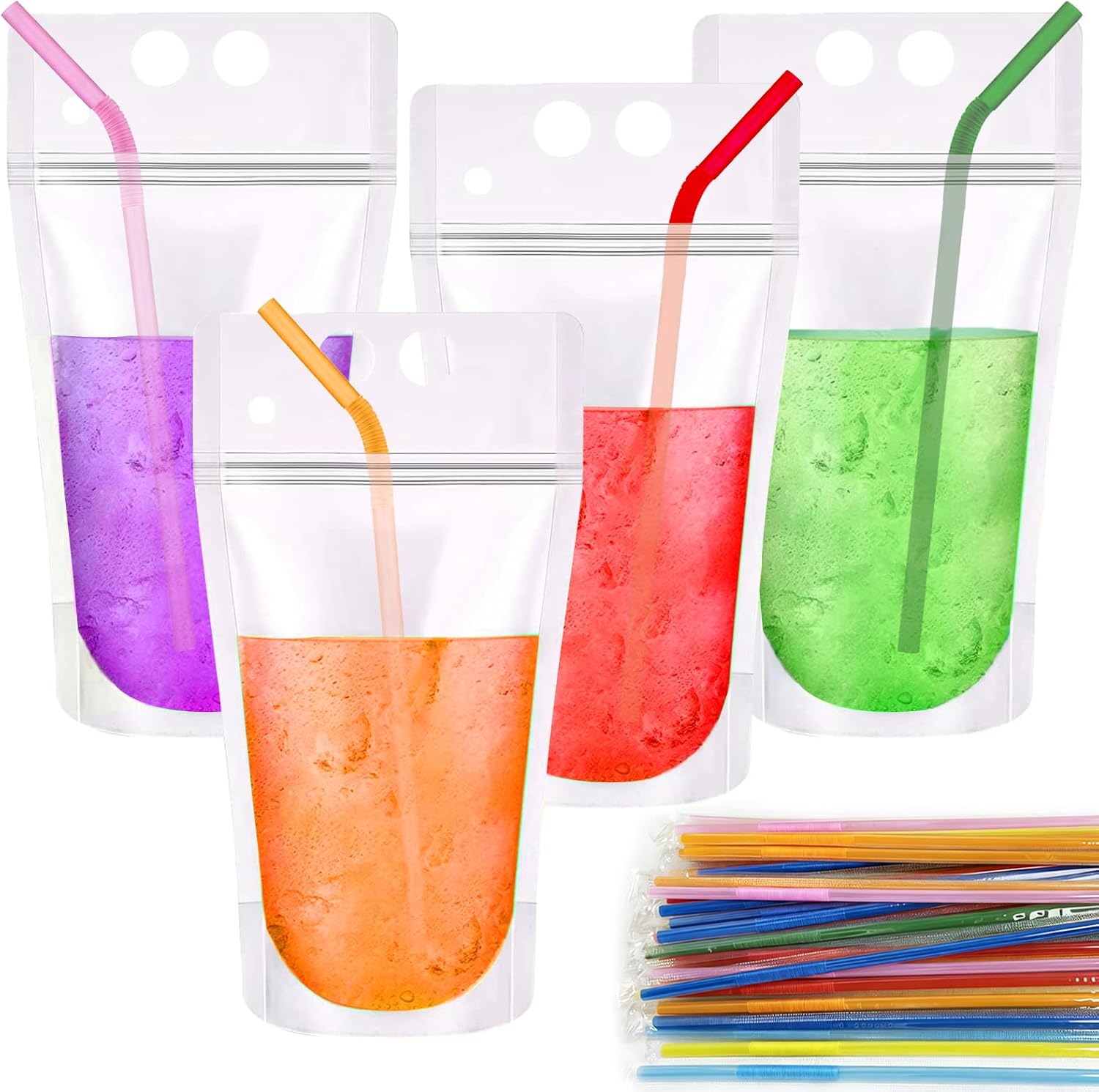100 PCS Drink Pouches with Straws Individually-Wrapped, 17oz Reusable Juice Pouches, Party Drink Containers for Cocktail, Smoothie, Reclosable Plastic Pouch for Cold &amp; Hot Drinks, Party &amp; Trav