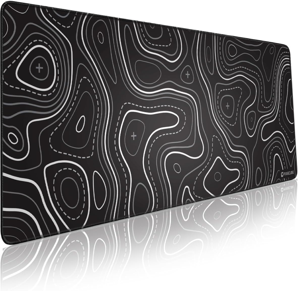 Pixiecube Minimalist Topographic Map Mouse Pad - Contour Extended Large Stitch Edge Mousepad. Black &amp; White Non-Slip XXL Gaming Desk Mat