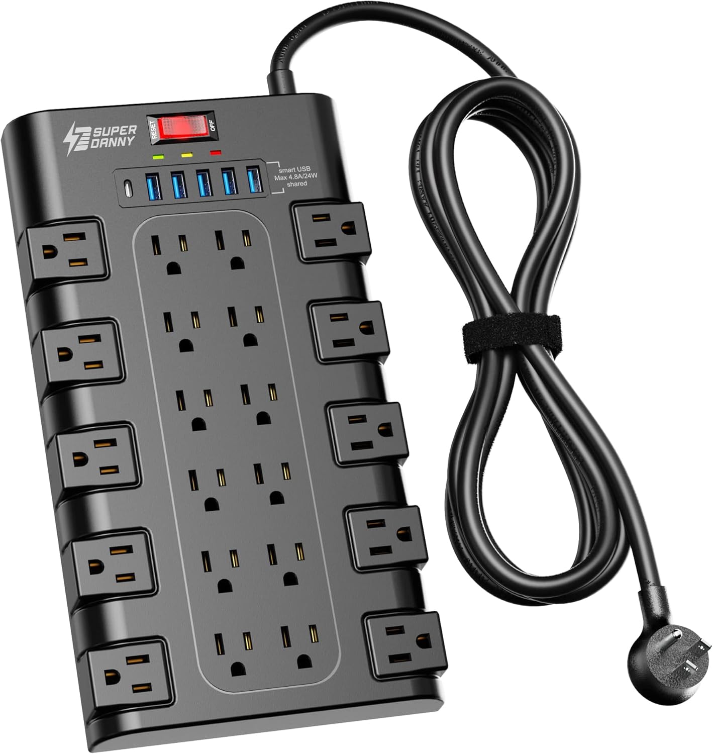Power Strip, SUPERDANNY Surge Protector with 22 AC Outlets and 6 USB Charging Ports, 1875W\/15A, 2100 Joules, 6.5Ft Flat Plug Heavy Duty Extension Cord for Home, Office, Dorm, Gaming Room, Black