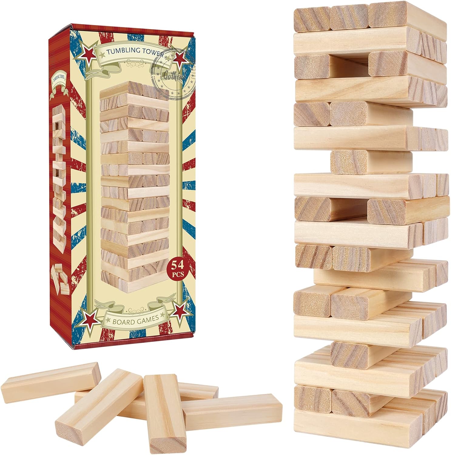 GOTHINK Tumble Tower Game for Kids and Adults, 54pcs Wooden Board Stacking Game for Family Games Night, Classical Wood Blocks Game, Standard Size