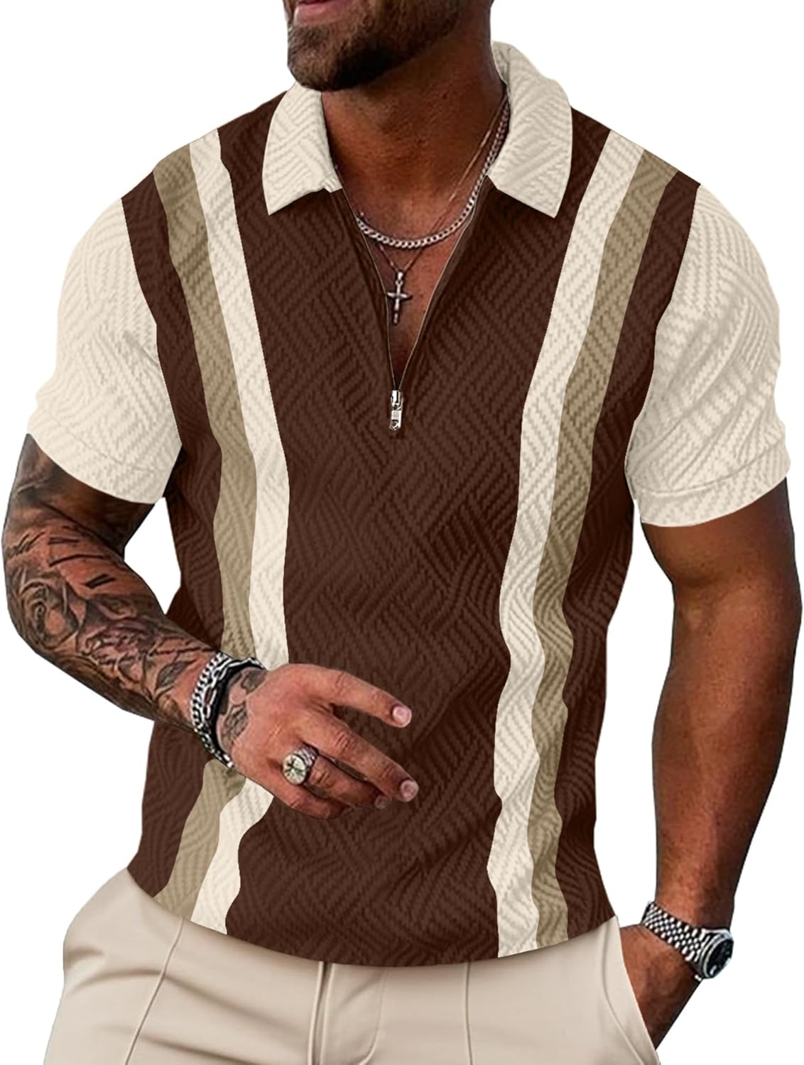 UOUA Men's 1\/4 Zip Polo Shirts Summer Short Sleeve Sweatshirts Vintage Striped Texture Tops Casual Golf Tee