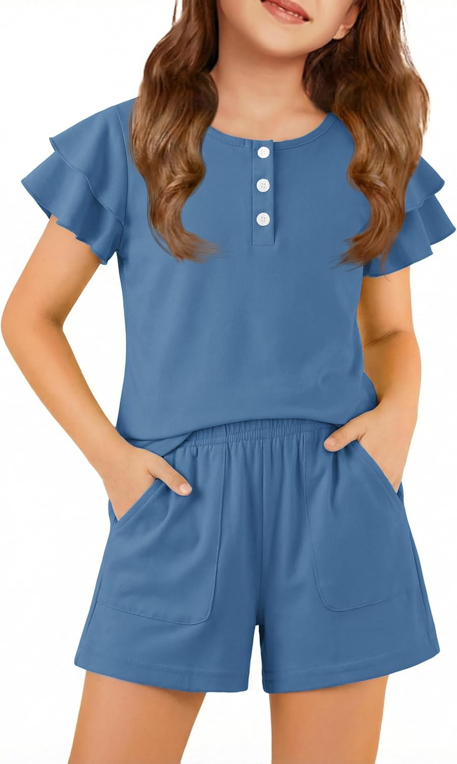 Arshiner Girls Summer Outfits 2 Piece Sets Ruffle Short Sleeve Button Down Shirts and Shorts Set Kids Clothes with Pockets