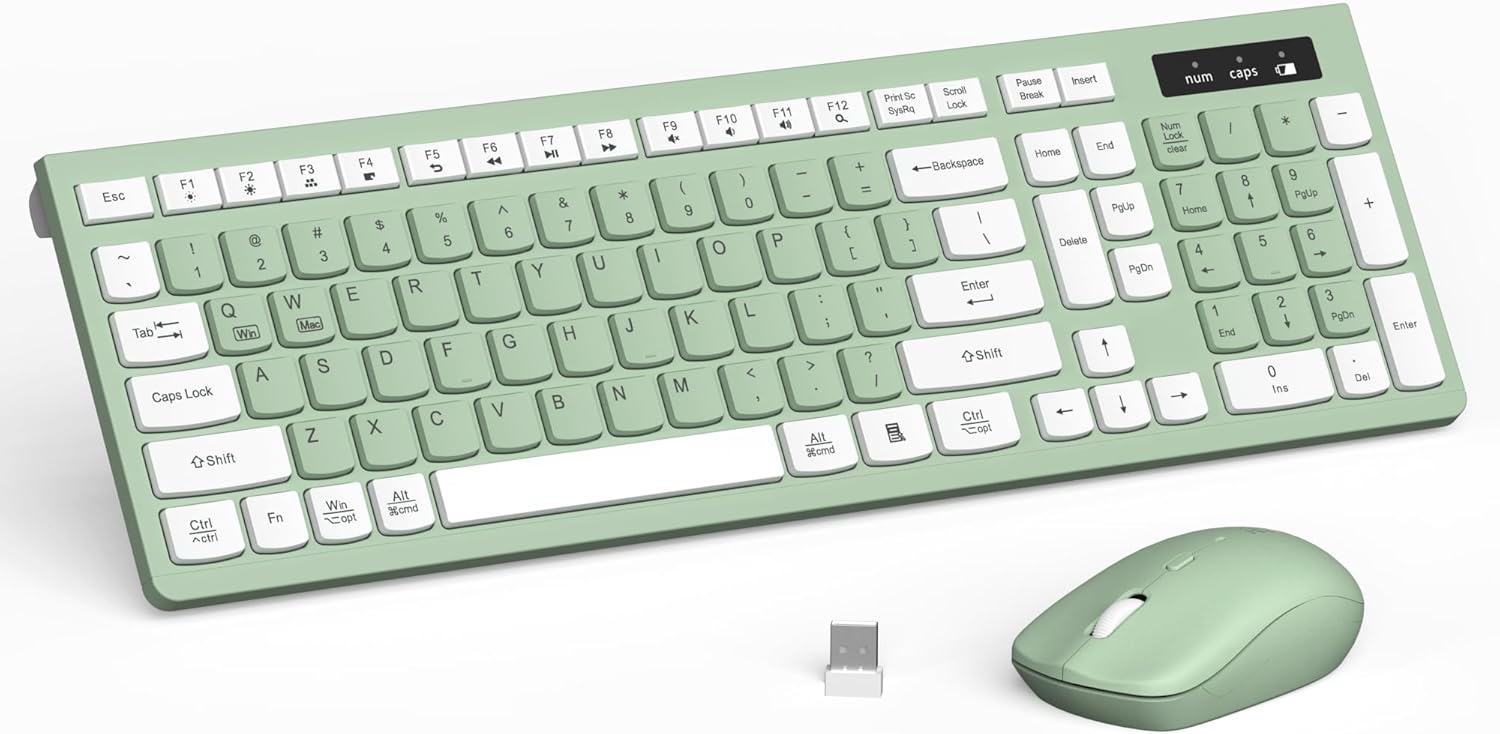 Wireless Keyboard and Mouse Combo, 2.4G Full Size Silent Keyboard with Fn Multimedia Keys for Office and Home, 3-Level DPI Adjustable Quiet Mouse for Windows,Mac OS Desktop\/Laptop\/PC(Avocado Green)