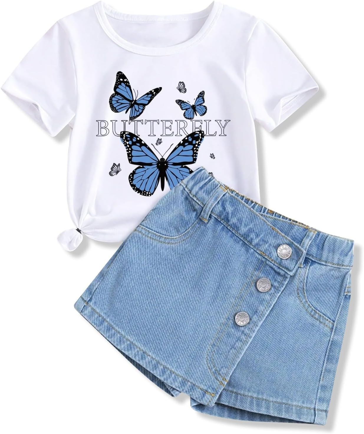 Voxikodex Girls Clothes 2PCS Butterfly Print Short Sleeve T-Shirt Denim Skirt Shorts Set Teen Tween Girls Summer Outfits Set