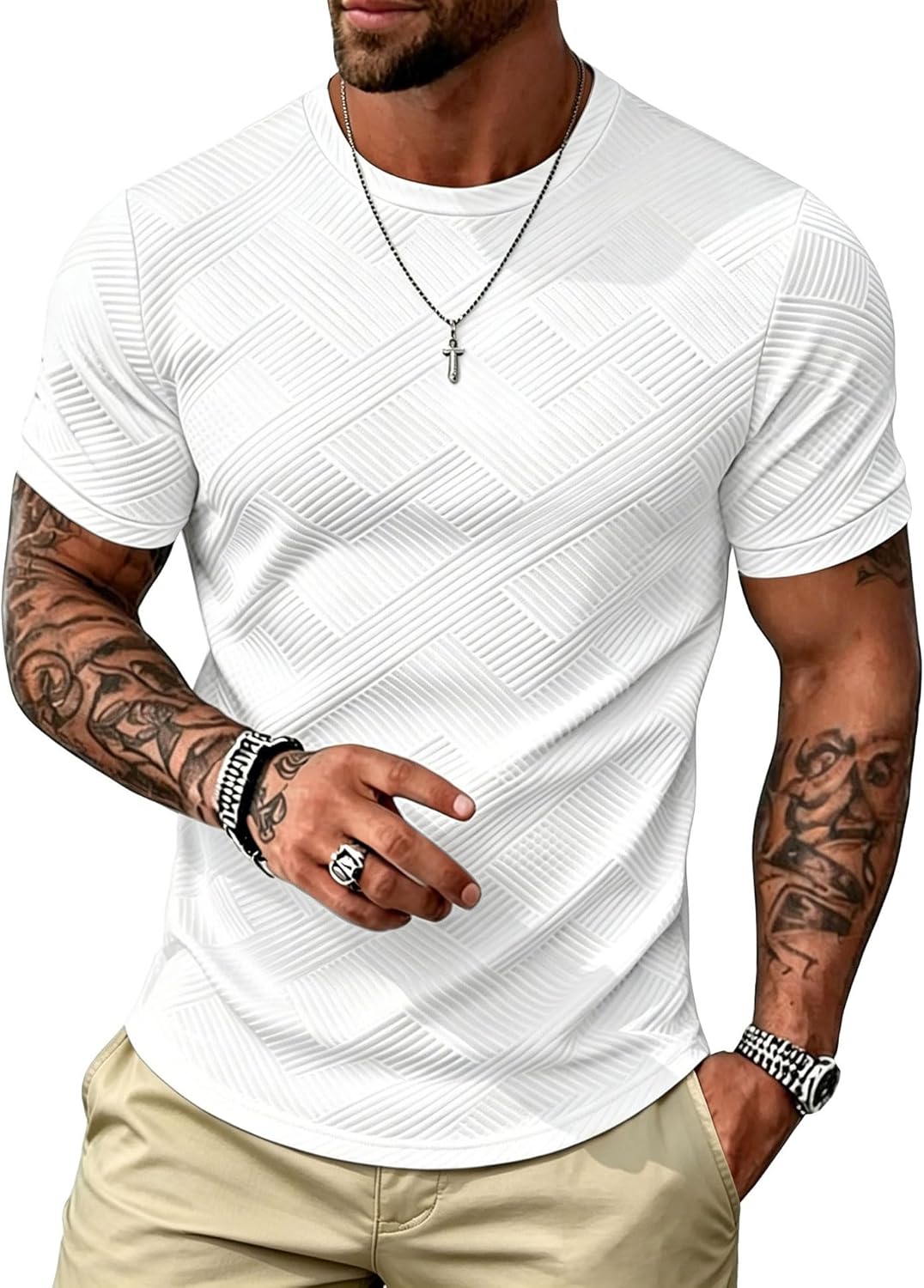 UOUA Men's Crewneck Sweatshirts Soild Color Geometric Texture T Shirts Short Sleeve Casual Pullover Shirt
