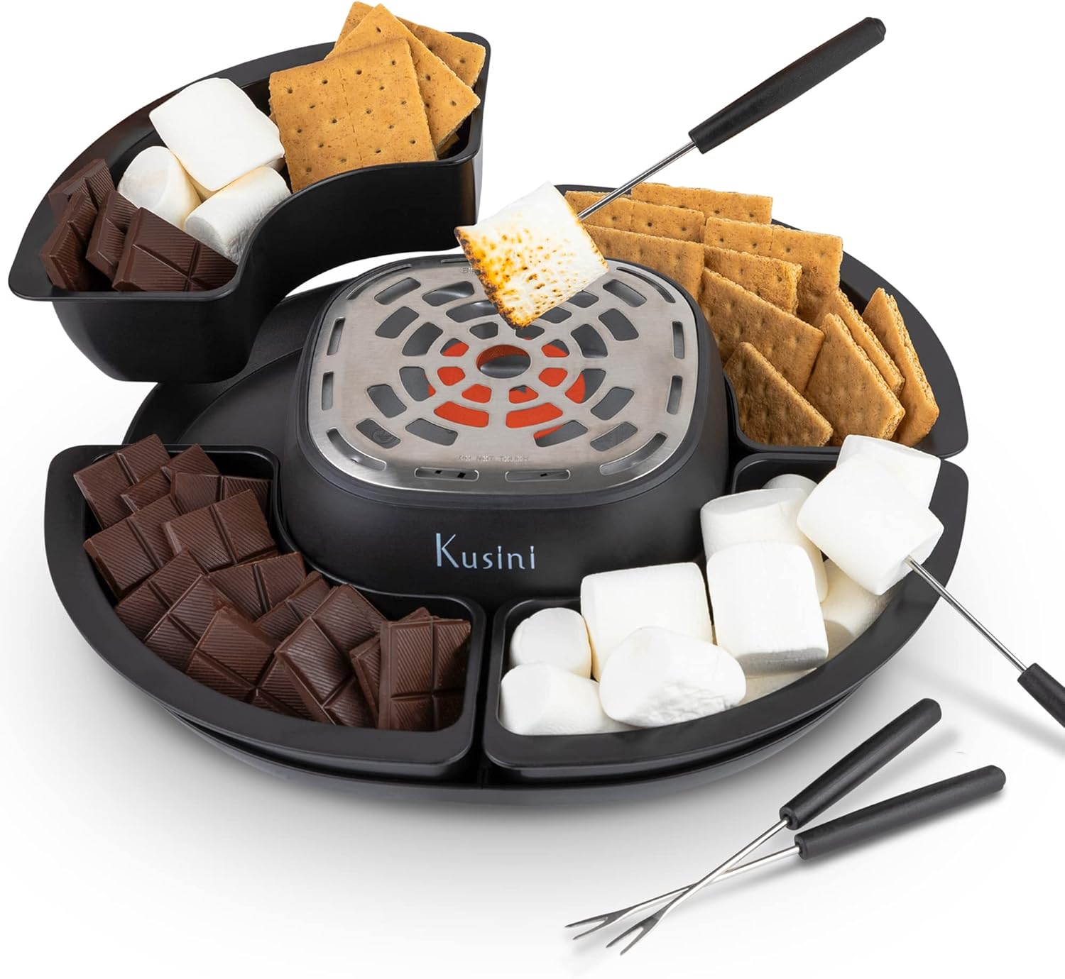 Kusini Smores Maker Tabletop Indoor - Flameless Electric Marshmallow Roaster \u2013 4 Detachable Trays &amp; 4 Roasting Forks \u2013 Gift Set &amp; Date Night Idea. Movie Night Supplies &amp; Housewar