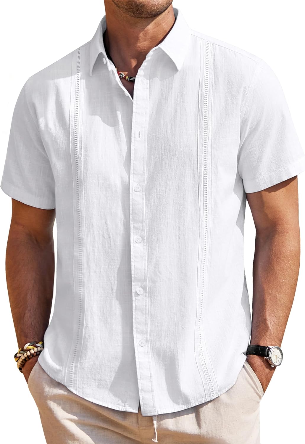 Mens Linen Shirts Short Sleeve Button Down Shirt Casual Cuban Guayabera Lightweight Summer Beach Solid Tops