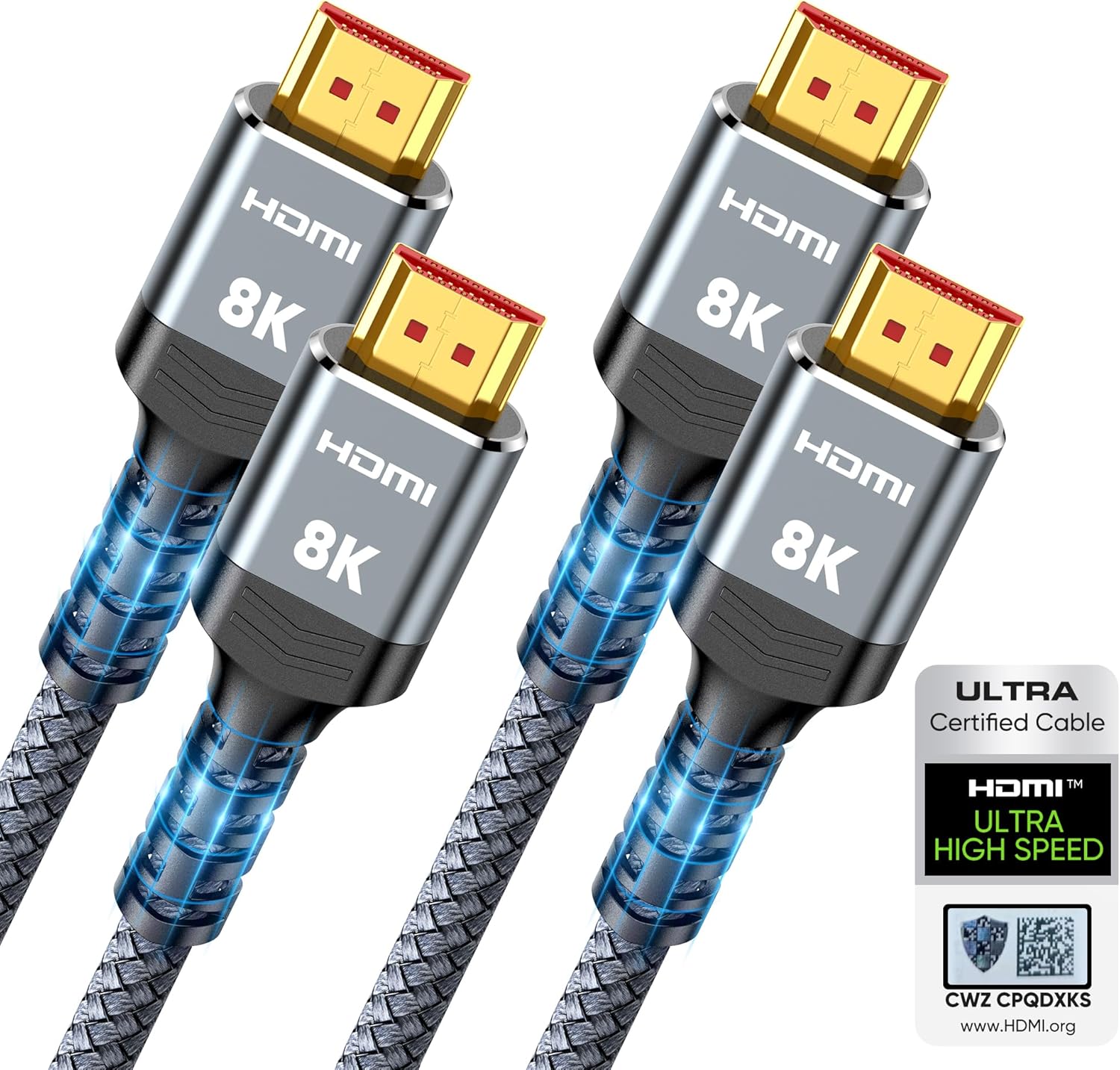 10K 8K HDMI 2.1 Cable 2-Pack 6.6FT, Highwings Certified 48Gbps Ultra High Speed Slim HDMI Cord,Support 4K@120Hz 8K@60Hz, HDCP 2.2&amp;2.3,eARC, Dynamic HDR,DTS:X, Compatible with PS5\/Blu-ray\/HDTV\/R