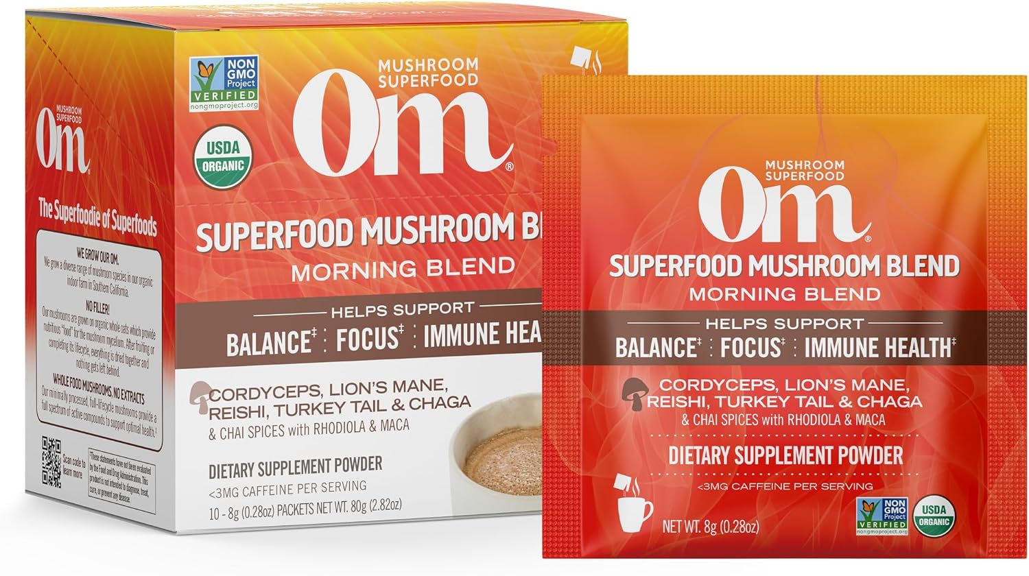 OM MUSHROOM SUPERFOOD Morning Energy Blend \u2013 Coffee-Free Mushroom Drink Mix with Cordyceps, Lion\u2019s Mane, Rhodiola &amp; Vitamin D2 \u2013 Natural Energy, Focus &amp; Endurance Support \u2013
