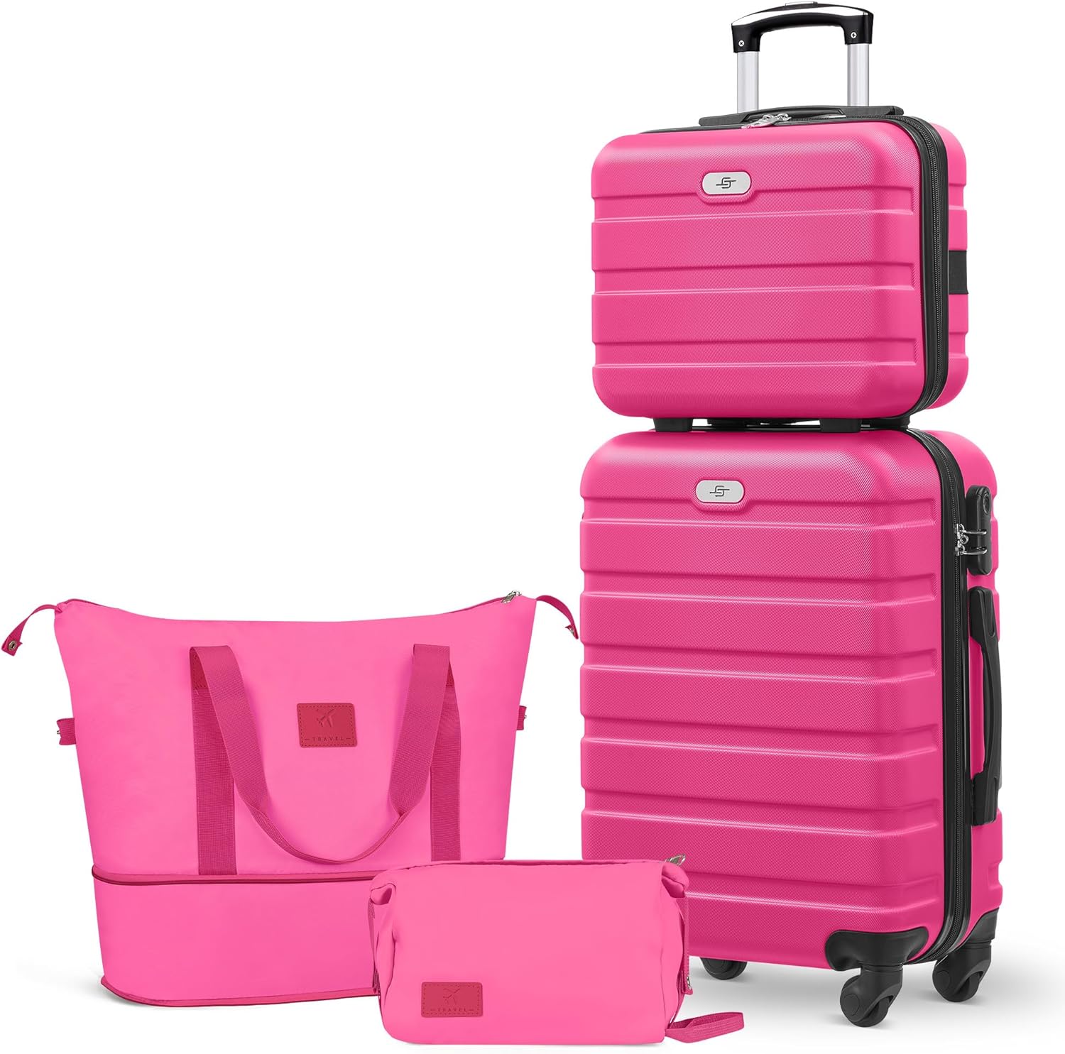 Suitour Carry On Luggage Set 22x14x9 Airline Approved Luggage Sets 4 Piece, ABS Hardside 20inch Suitcase with 360°Spinner Wheels Lightweight Travel Suitcase Sets(Rose Red)