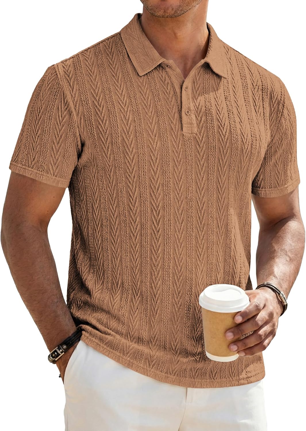 JMIERR Men's Textured Knit Polo Shirt Summer Short Sleeve Vacation Button Beach Knit Stretchy Golf Shirts