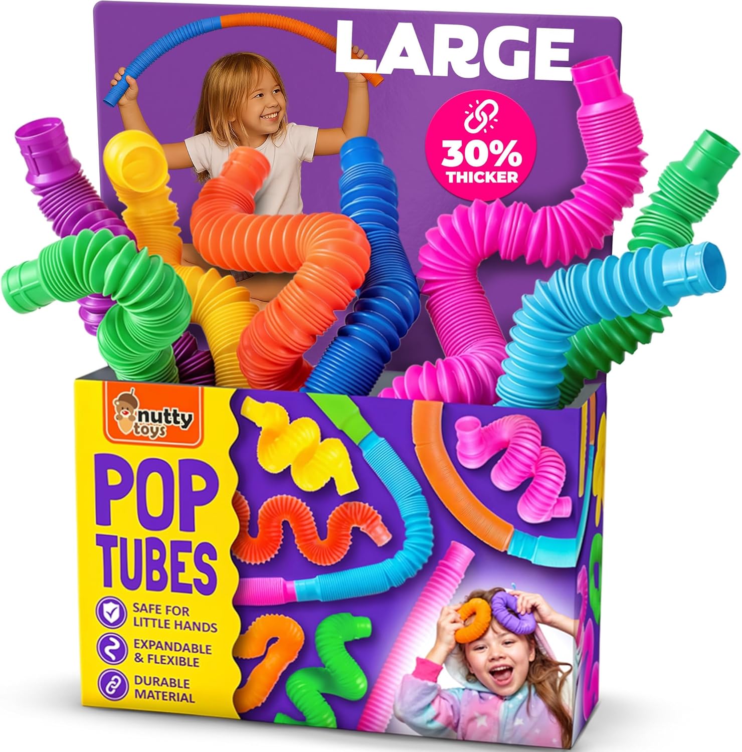 Nutty Toys Pop Tubes - Large 8-Pack Sensory Toys - Creative STEM Learning for Kids &amp; Toddlers - Connect &amp; Pop! Top ADHD Autism Fidget 2026, Best Boy &amp; Girl Christmas Stocking Stuffers Gift