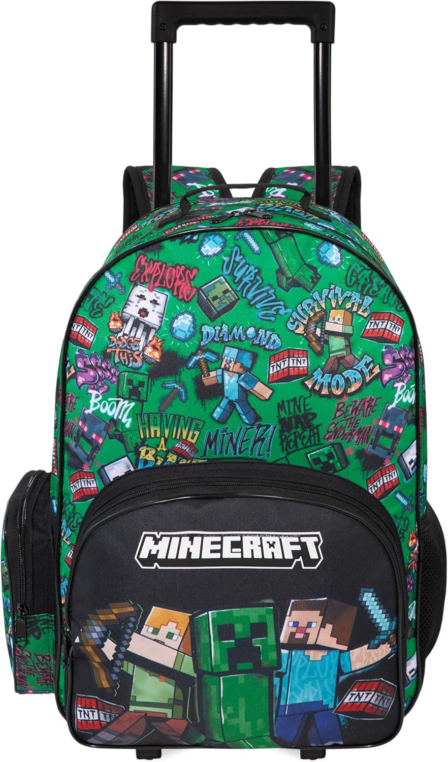 Get Trend Minecraft Boys Rolling Luggage with Wheels, 20.4\u201D Travel Bag | 23.6L Rolling Backpack Lightweight Kids Carry On Suitcase Bag with Telescopic Frame for Trips &amp; Vacation Gamer Gifts f