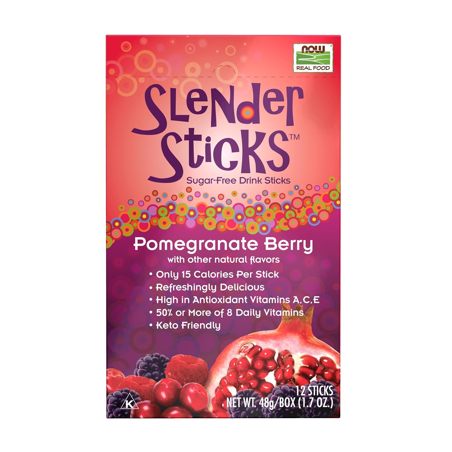 NOW Foods, Slender Sticks, Pomegranate Berry, 15 Calories Per Stick, Refreshingly Delicious, with Antioxidant Vitamins A,C, E, 12\/Box