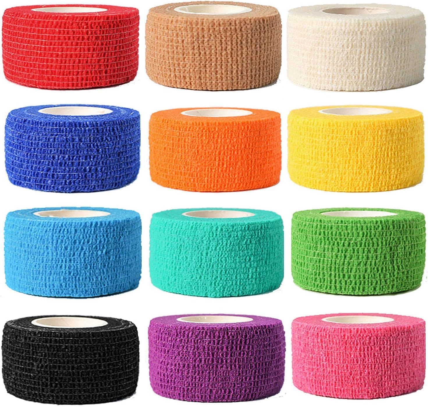 (12-Pack) 1\u201D x 5 Yards | Self Adhesive Bandage Wrap, Kuvvfe Athletic Elastic Cohesive Bandage for Sports Injury,Strain,Knee &amp; Wrist,Ankle Sprains &amp; Swelling First Aid