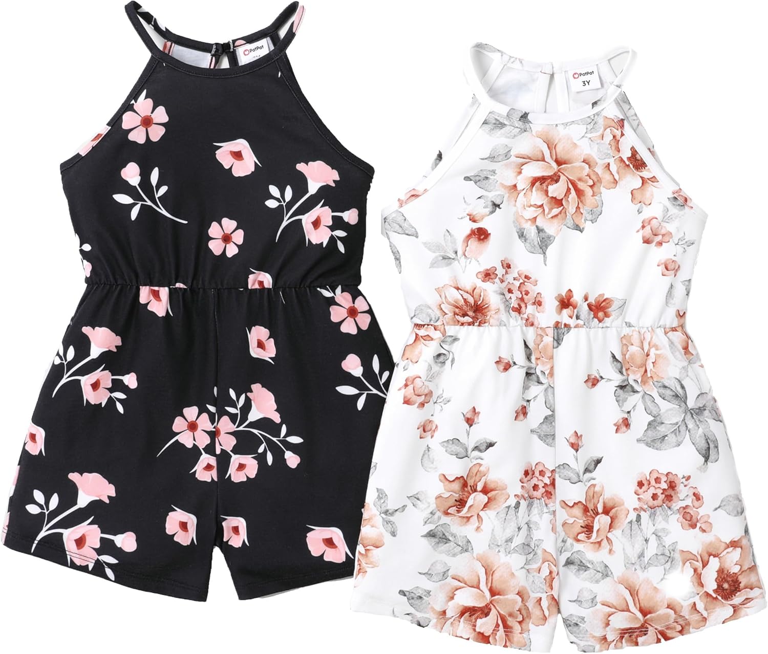 PATPAT Girls 2 Pack Rompers 5-12 Years Sleeveless Floral Print Summer Tropical Jumpsuits