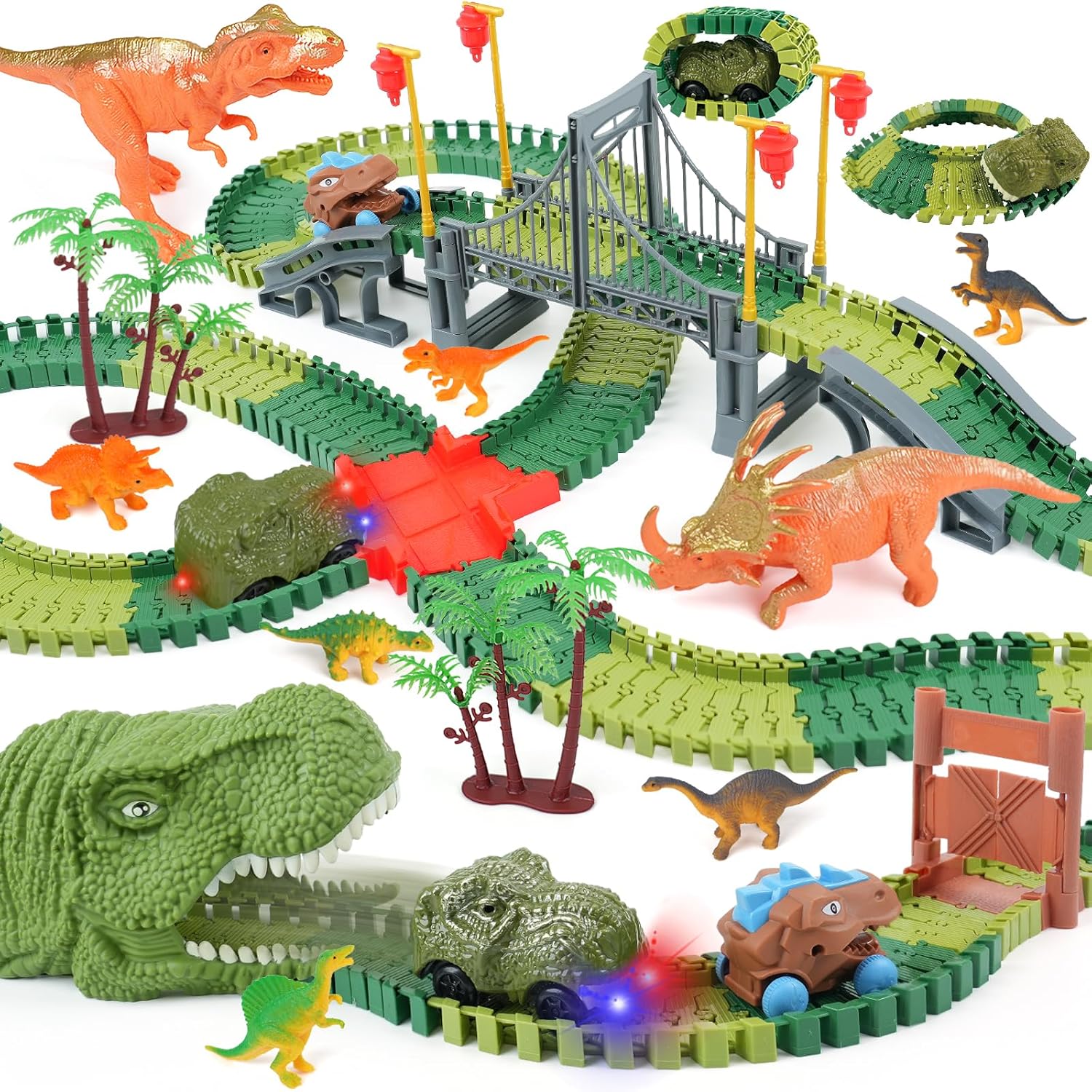 ToyFuntasy Dinosaur Track Toys for Kids - Best Birthday Gifts for 3 4 5 6 7 Year Old Boys, Flexible Race Car Track Set with Light &amp; Sound, Create a Dino World Adventure