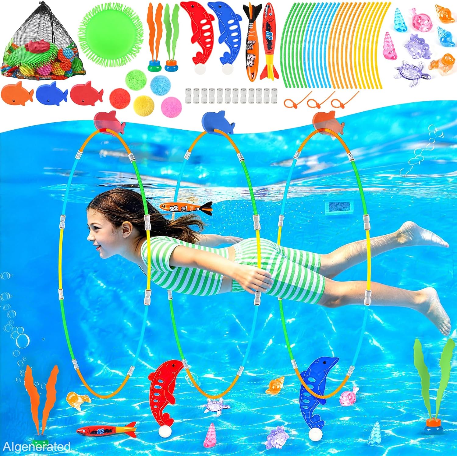 EULRGAUS Pool Toys, 34PCS Swim Thru Rings Pool Games, Diving Toys with Diving Rings, Underwater Treasures, Diving Gems, Water Toys with Splash Balls, Water Frisbee, Swim Toys for Kids, Boys and Girls