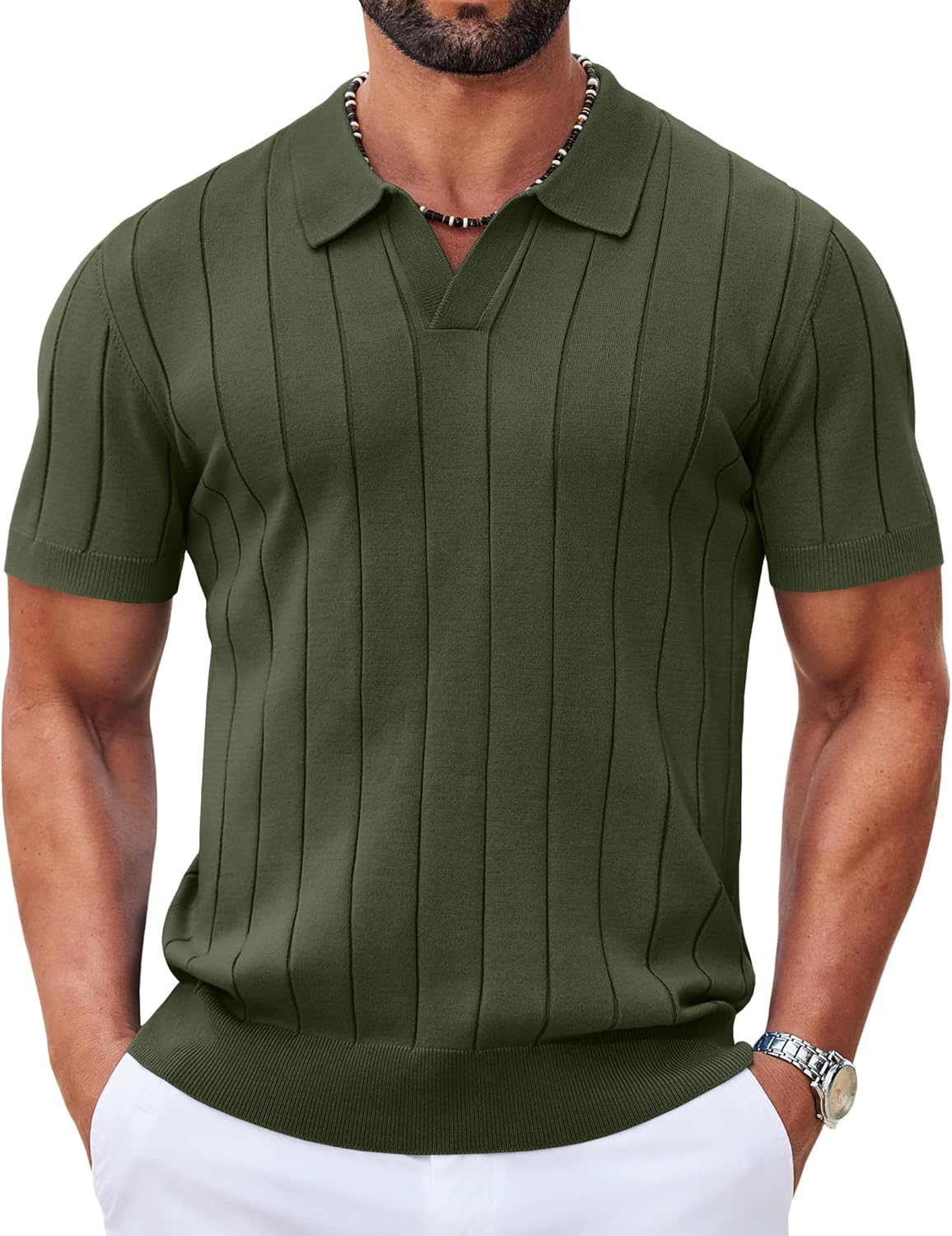 COOFANDY Mens Polo Shirts Short Sleeve V Neck Knit Shirts for Men Casual Old Money Clothes Mens Golf Shirt