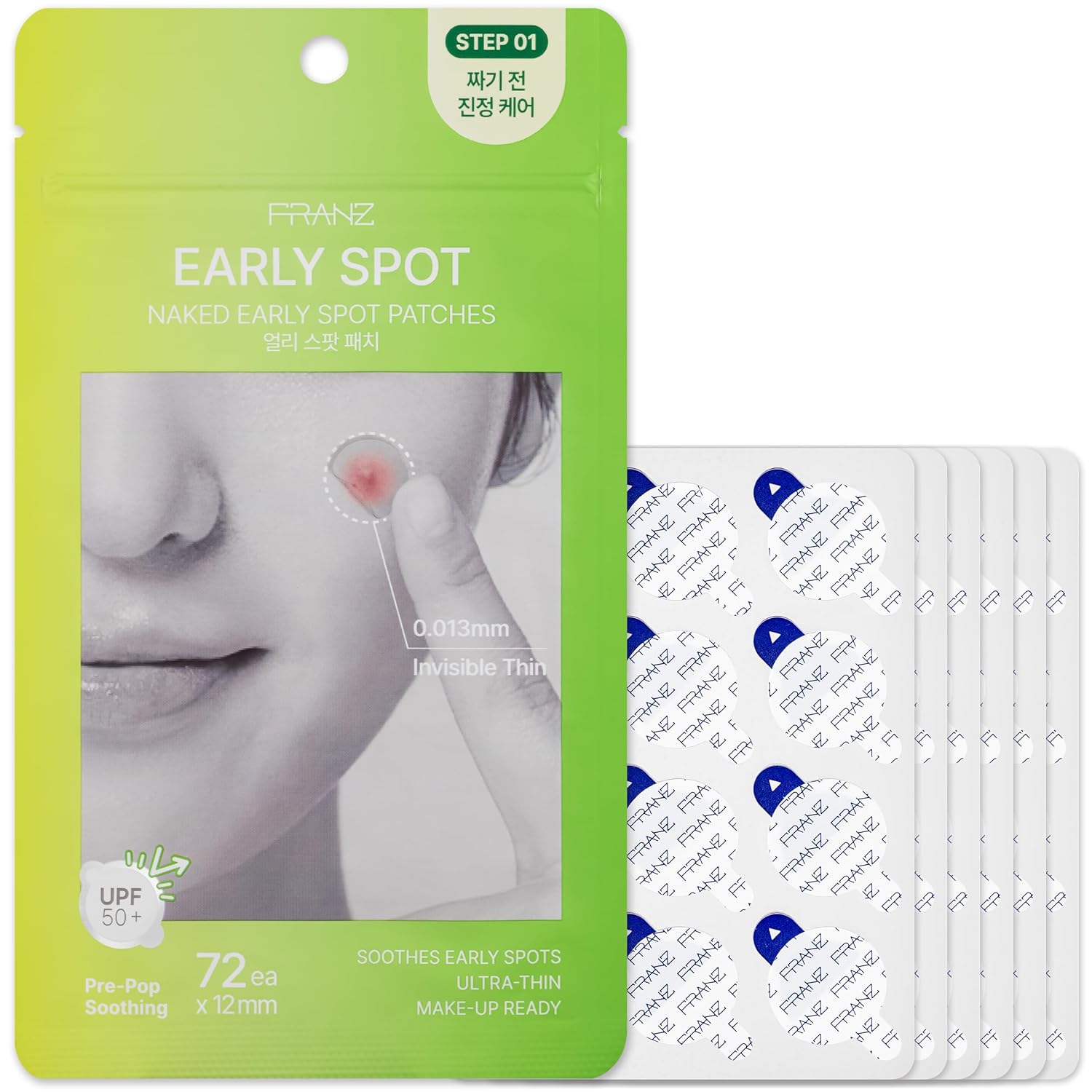 FRANZ Blind Pimple Patches for Early Breakouts, Invisible (72 Count) | 0.013mm non-hydrocolloid film with Cica, Tea Tree &amp; bee venom Melittin. Clear under makeup for early under-skin bumps