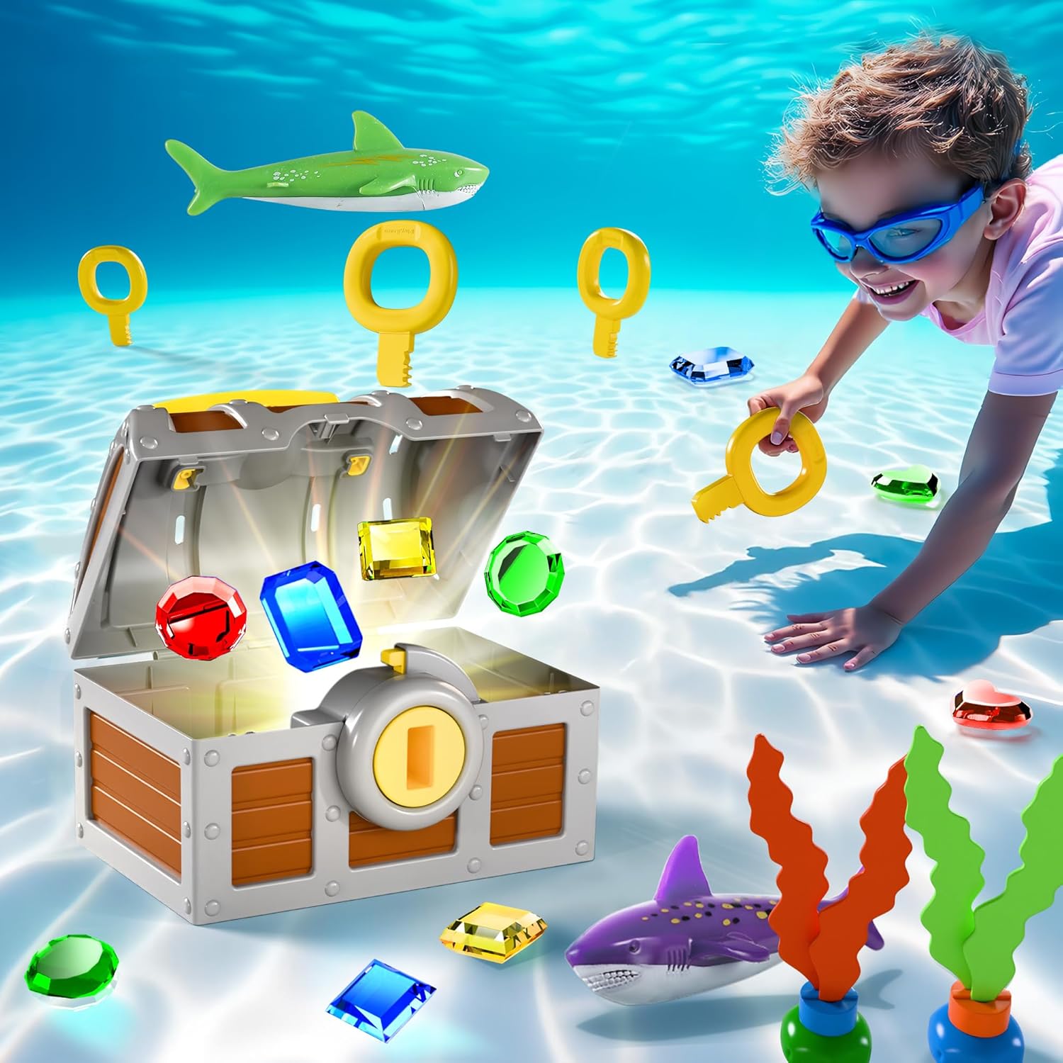 Funscape Kids Diving Pool Toy, Large Treasure Chest Water Dive Game W\/Keys Gems Fish, Toddler Outdoor Swimming Treasure Box Playset, Fun Summer Swim Party Gifts 3 4 5 6 7 8 10 12 Year Old Boy Girl