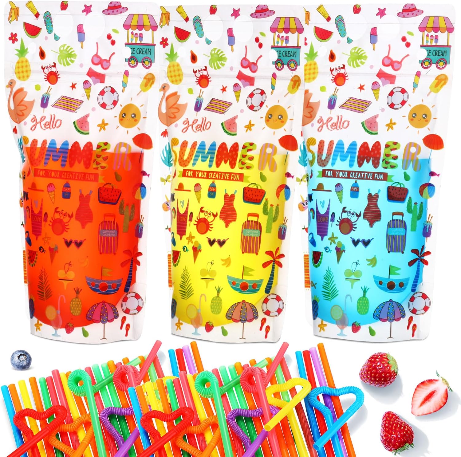 Sieral 200 Pcs Clear Drink Pouches with 200 Straws for Adults 16 oz Resealable Zipper Stand up Juice Pouches Bags Plastic Liquor Smoothies Container for Cold Hot Drink(Summer)