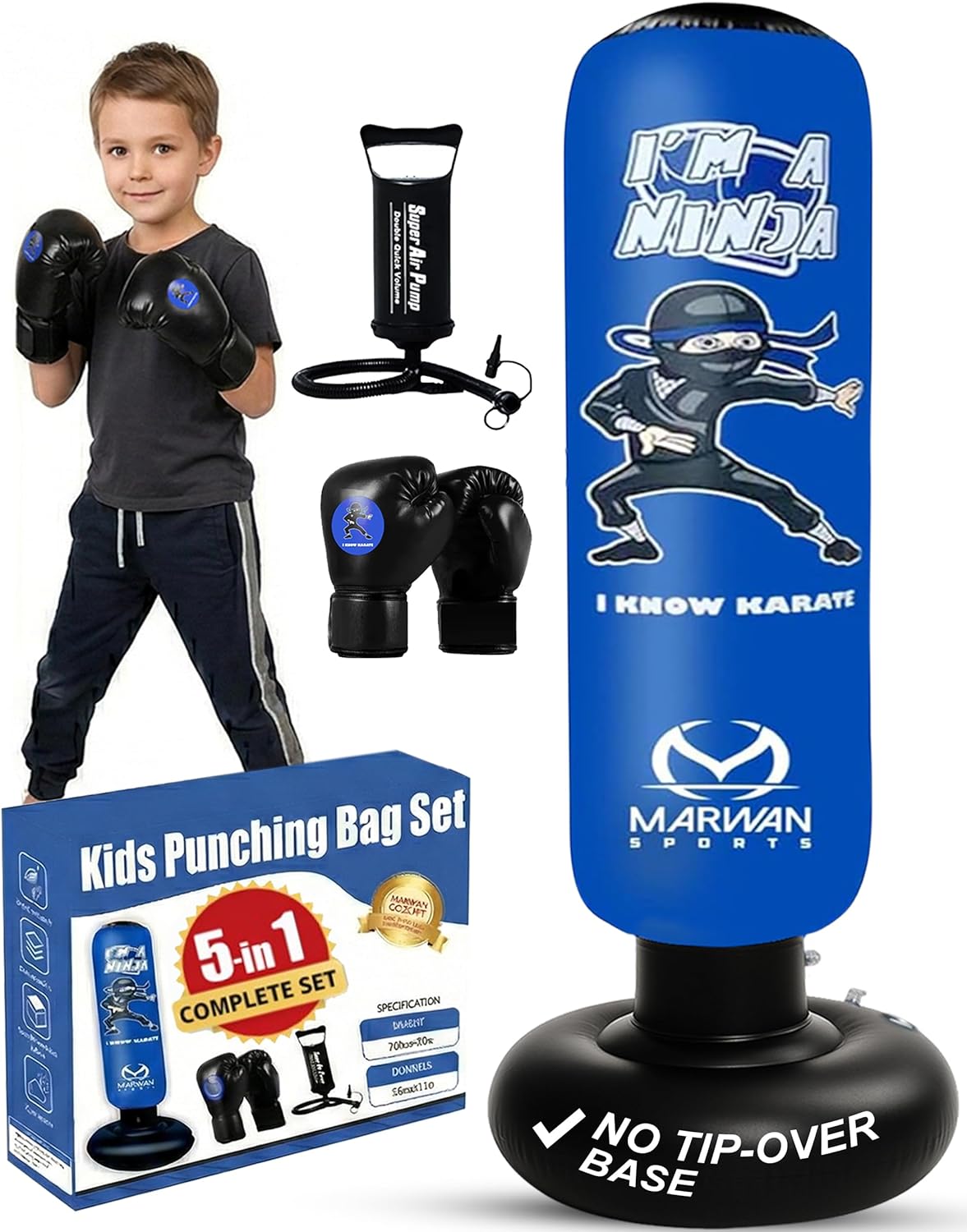 Marwan Sports Ninja Kids Punching Bag \u2014 Inflatable Sensory Toy &amp; Birthday Gift for Boys &amp; Girls Ages 4-12, 63" Freestanding 5-in-1 Kit, Indoor Apartment-Quiet Sensory-Friendly Active 