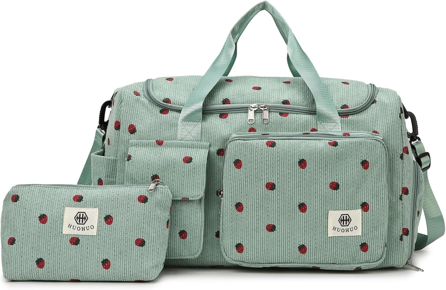 Eslcorri Women Travel Duffle Bag with Small Pouch- Corduroy Sports Duffel Bag with Shoe &amp;Wet Pocket Carry on Personal Item Luggage Boarding Bag Cute Overnight Weekender for Camping Fitness - Green