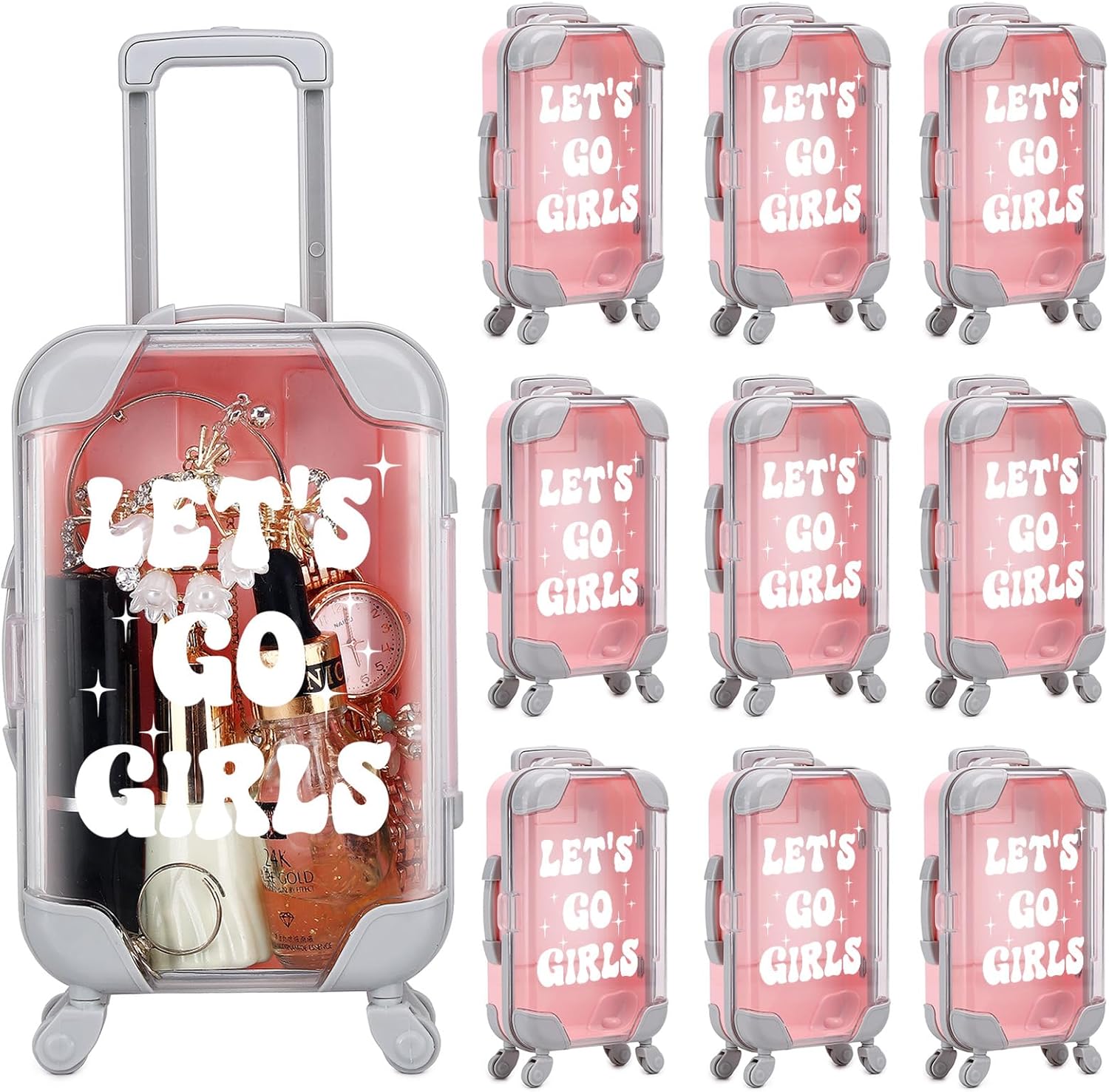 AIOMOB 10 Pack Mini Suitcase Party Favor Gift Box Plastic Gift Box False Eyelashes Miniature Luggage for Travel Wedding Bachelorette Party Bridesmaid Bridal Shower Favors Decorations (Let's Go Gir