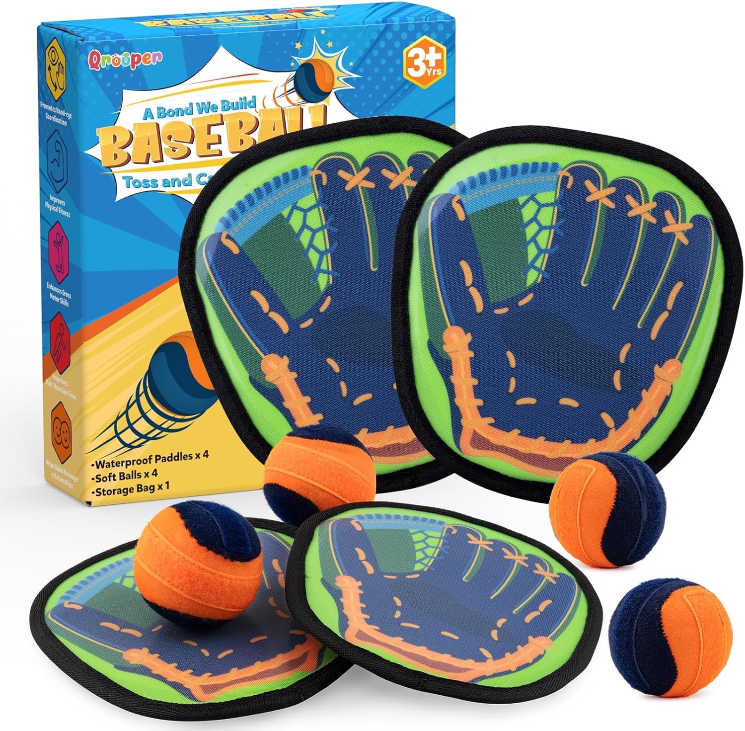 Qrooper Toss and Catch Ball Game with Soft Balls &amp; Sticky Baseball Gloves - Toys for Indoor, Outdoor, Yard, Beach, Pool, Camping - Birthday Gift for Boys, Girls, Toddler, Kids Ages 3-12 - Green