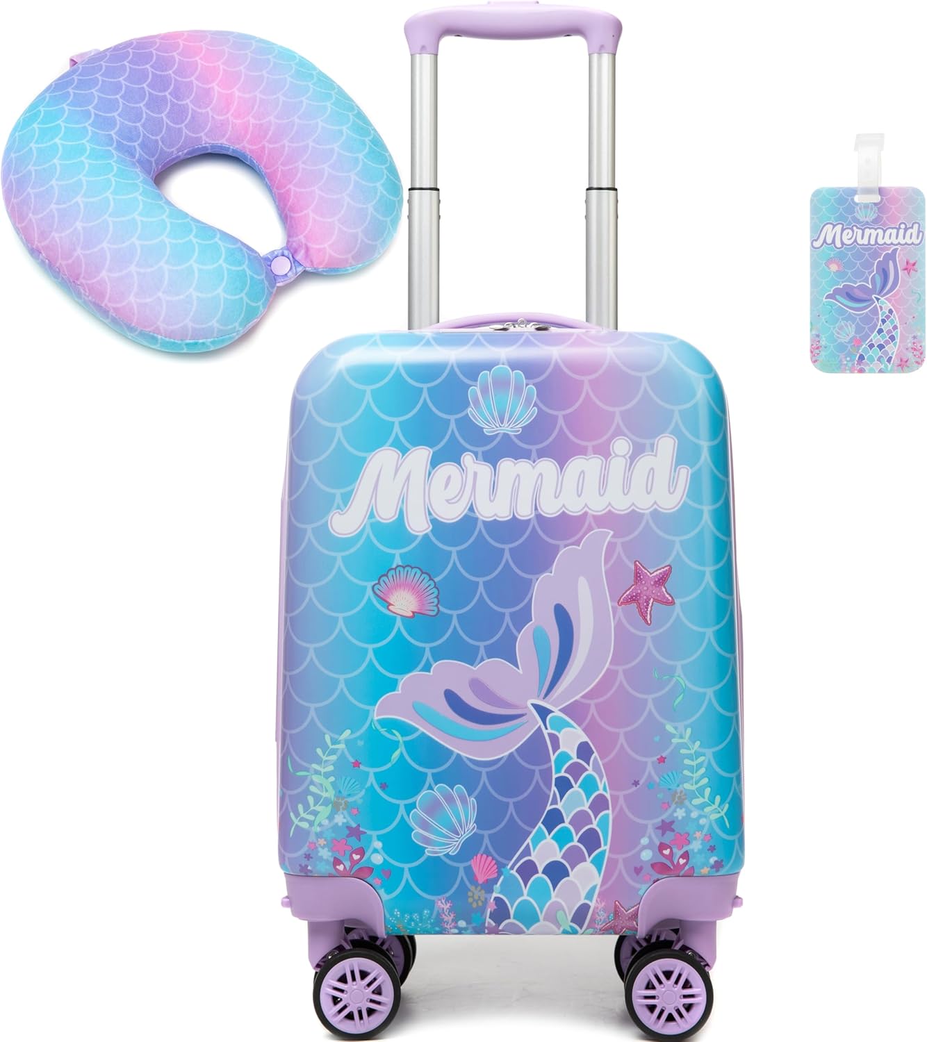Inprof Cute Mermaid Kid\u2019s Luggage Set 2 Piece Suitcase Set 16\u2019\u2019 Hardside Luggage with Spinner Wheels Girls Travel Rolling Luggage Carry on Luggage Airline Approved